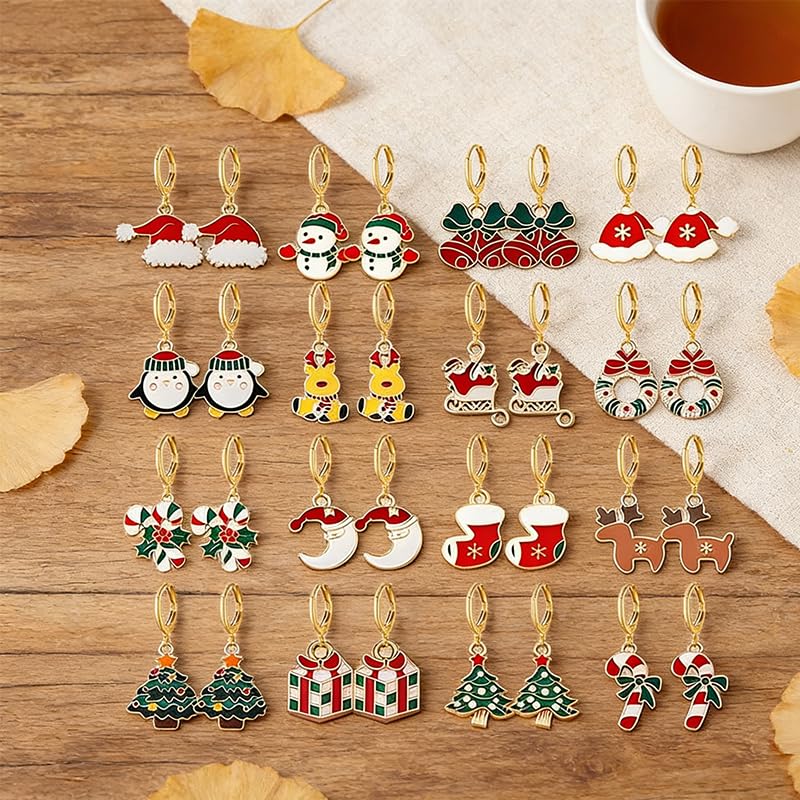 16 Pairs Christmas Reindeer Santa Hoop Earrings for Women Unique Winter Xmas Tree Snowflake Bow Bell Snowman Penguin Earrings Christmas New Year Jewelry Gifts - style: Gift