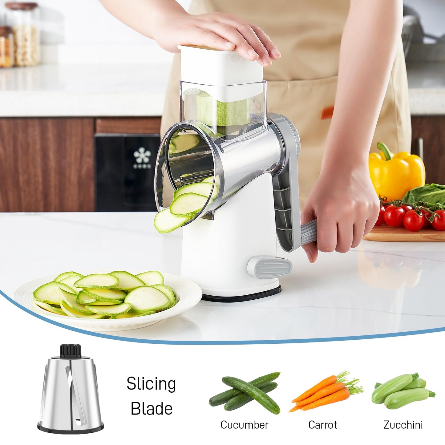 VEKAYA Rotary Cheese Grater Hand Crank with 4 Interchangeable Stainless Steel Blades, Large Manual Handle Shredder and Waffle Slicer for Vegetables, Cheese and Nuts with Table Suction Base(White Grey)