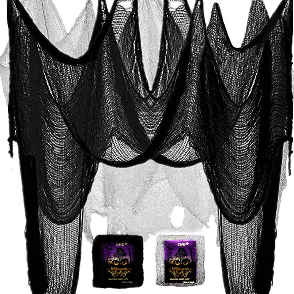 CMD 2PCS Large Scary Halloween Decor Creepy Cloth Decorations Realistic Spooky Fabric Gothic Black Purple Grey Cheesecloth Drape Netting Decoration(Black&Grey, 78" x 98")