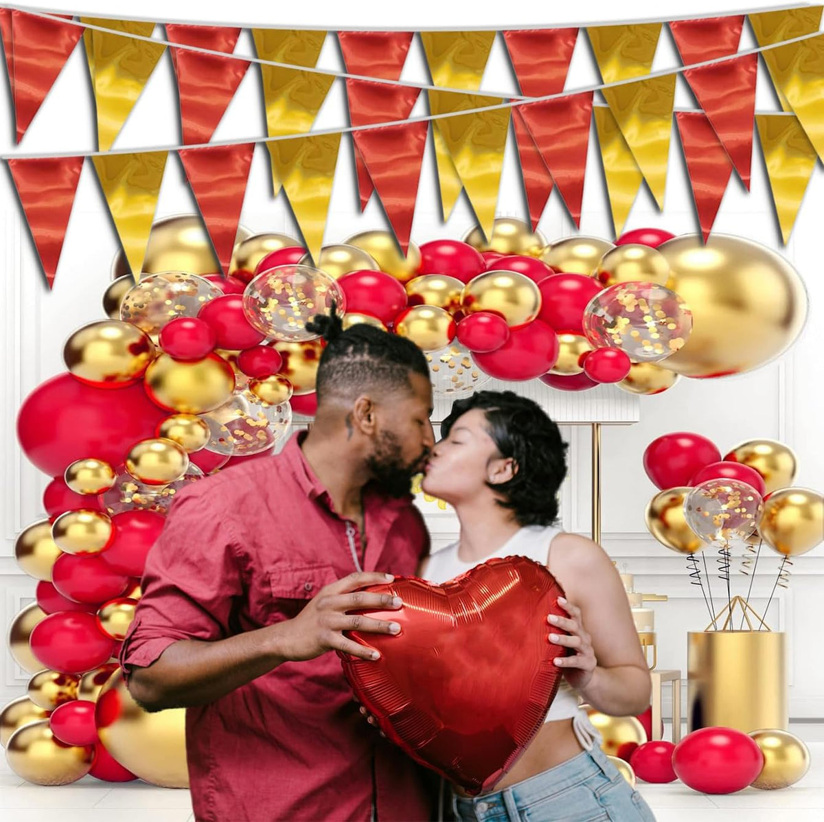 40M/130FT Red Gold Triangle Pennant Banner Flag Metallic Fabric Bunting Garland for Christmas Graduation Anniversary Birthday Engagement Wedding Anniversary Casino Party Decorations Supplies