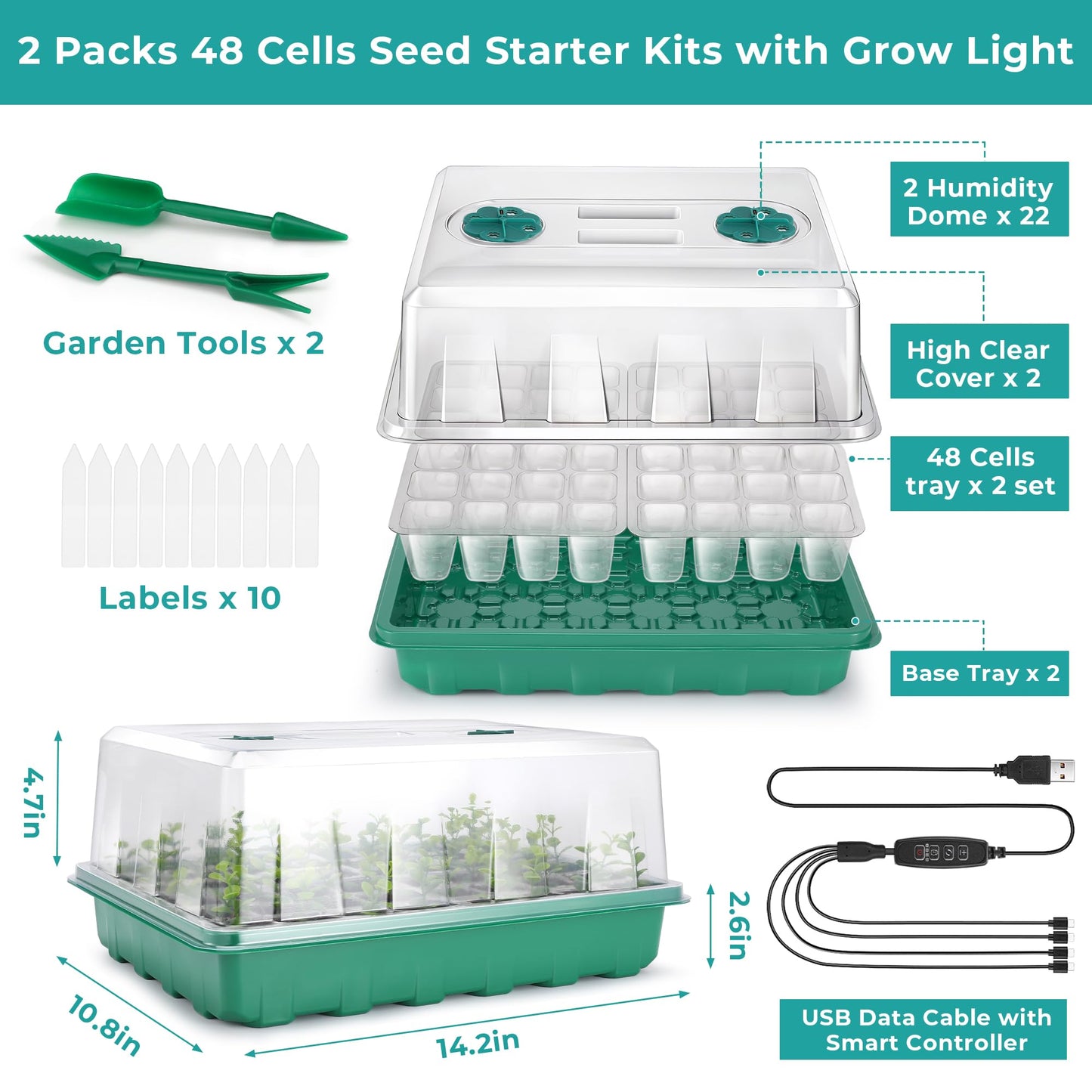 Hanaoyo 96 Cells Seed Starter Tray with Lights, 2 Packs Seed Starter Kit with Humidity Vented Domes and High Lid, Adjustable Brightness Germination Kit for Indoor Greenhouse Seed Starter
