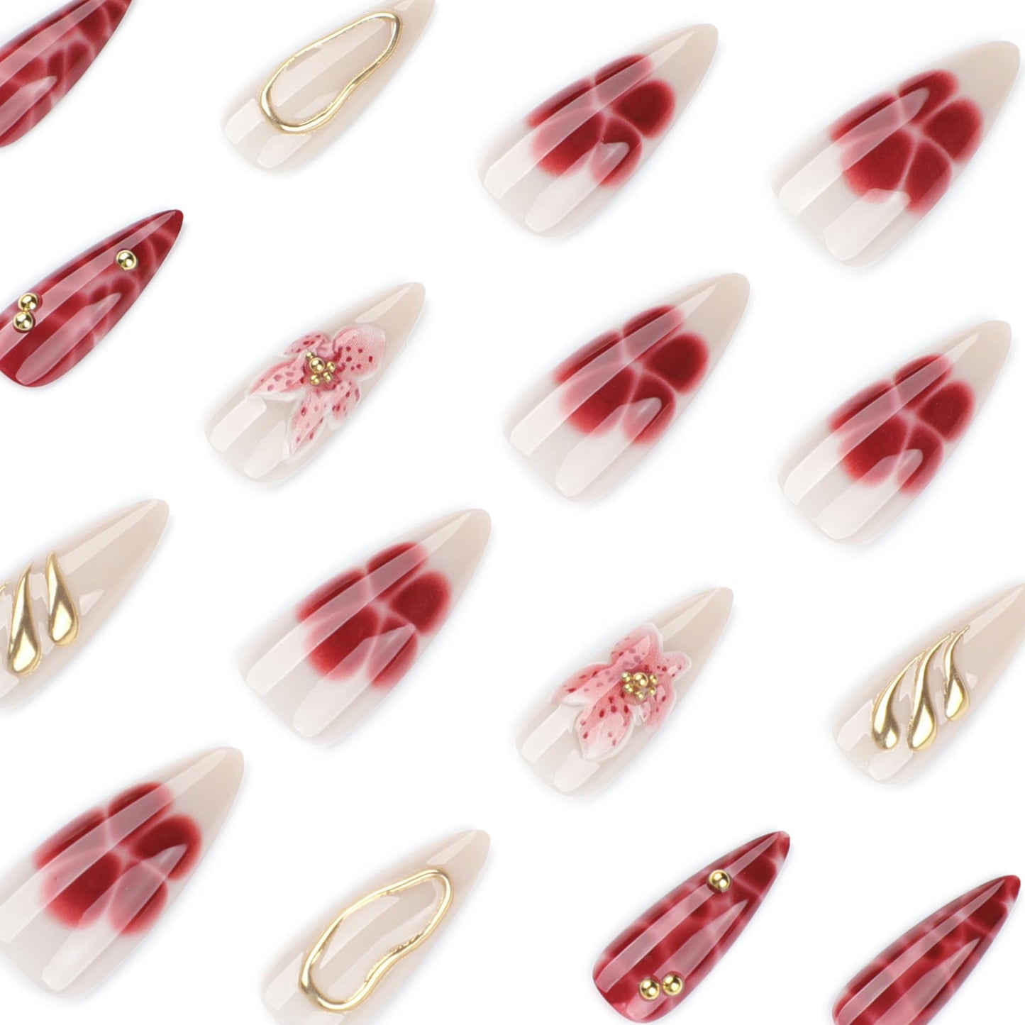plalely Long Press on Nails Almond, Acrylic Press on Nails with Flower Designs, Long Almond Nail Tips for Women 24pcs