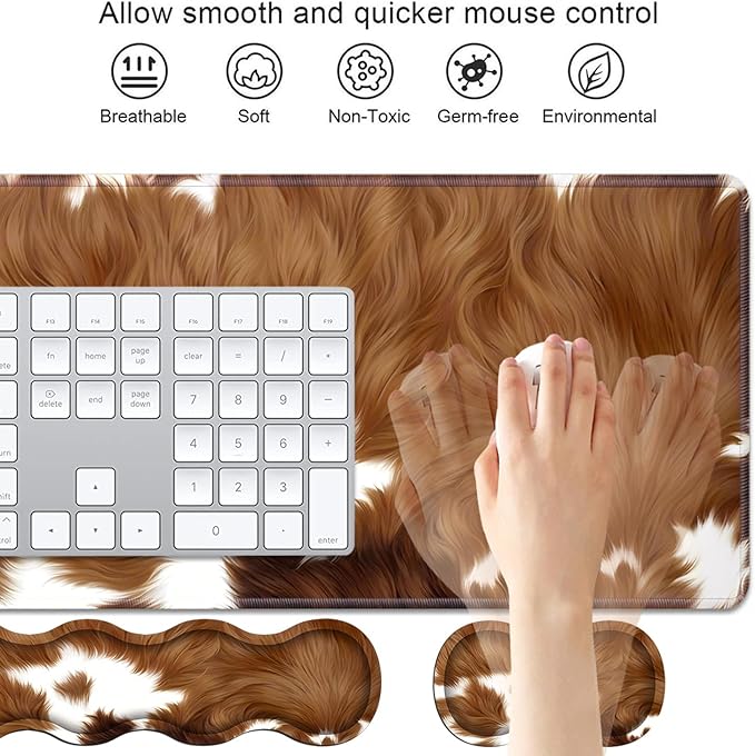 4 in 1 Ergonomic Keyboard Wrist Rest & Mouse Pad Wrist Rest Set, Large XXL Gaming Desk Mat 31.5"x 11.8" with Non-Slip Base, Memory Foam for Home Office Study Gaming, Brown Cow Print