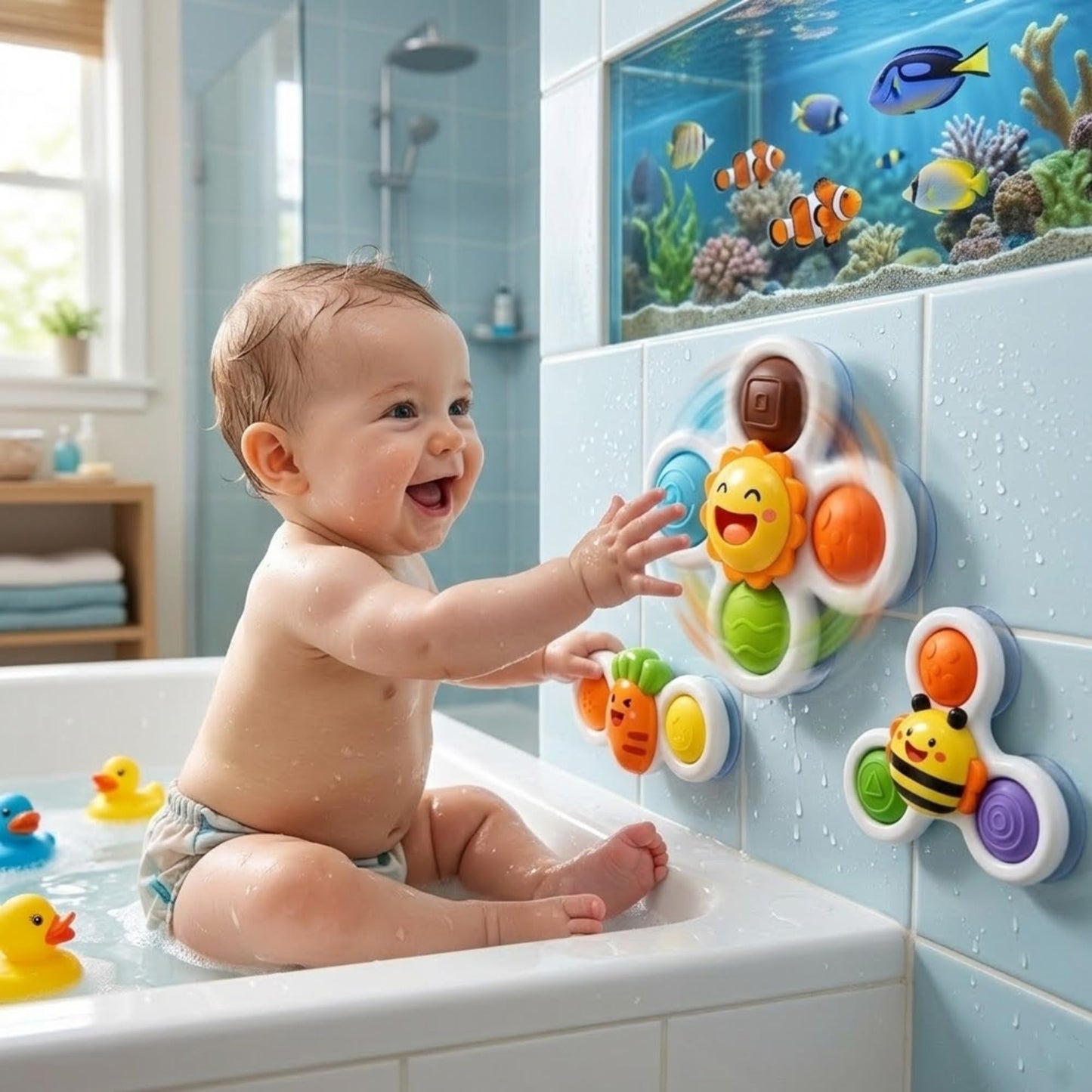 Suction Cup Rotating Sensory Bath Toys, Baby Sensory Travel Table Toy for Toddlers, Boys, Girls, 3 Pieces