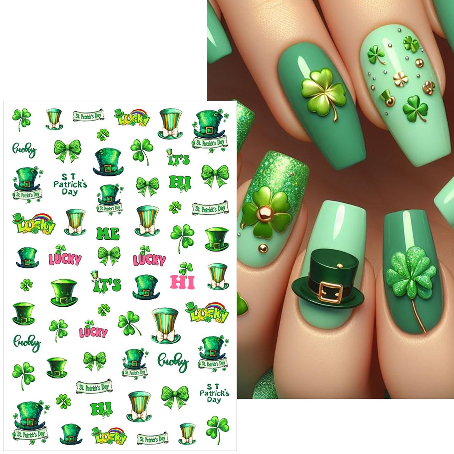 6Pcs St. Patrick's Day Nail Stickers Set Customized and Unique Irish Shamrock 3D Self-Adhesive Nail Decals Lucky Clover Four Leaf Design Green Shamrock Sticker for Saint Patricks Day Nail Decoration