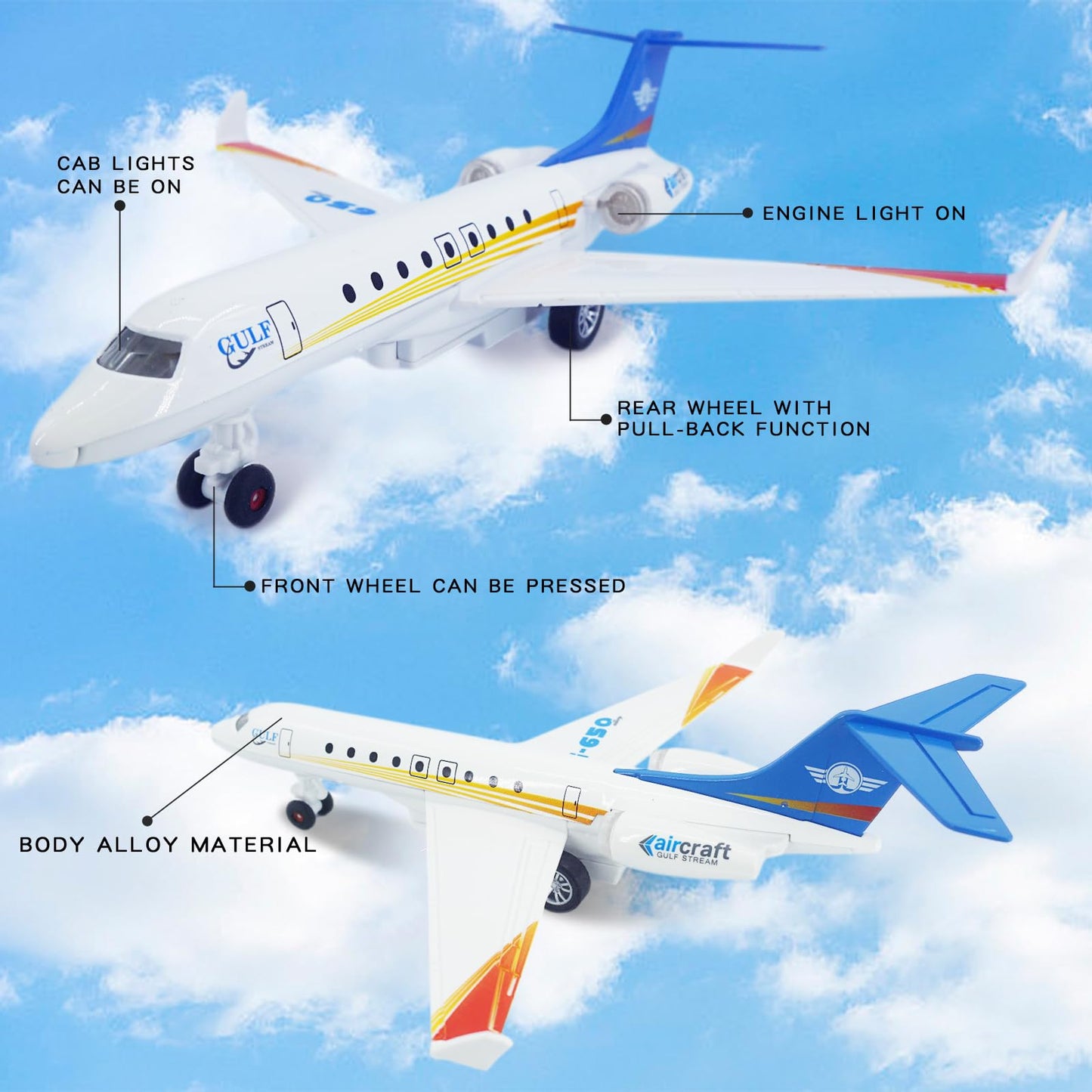 OTONOPI Airplane Toy, Die Cast Metal Plane Toy G650 Model Single Airlines, Pull Back Bump and Go Airbus Plane with Lights and Sounds for Kids Boys and Girls Age 3 Up for Gift and Collection with Stand