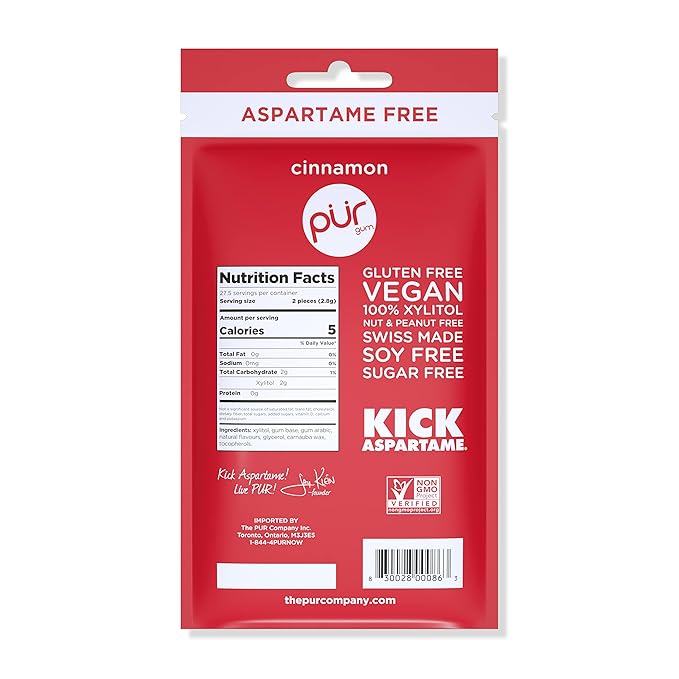 PUR Gum | Aspartame Free Chewing Gum | 100% Xylitol | Natural Cinnamon Flavored Gum, 55 Pieces (Pack of 6)