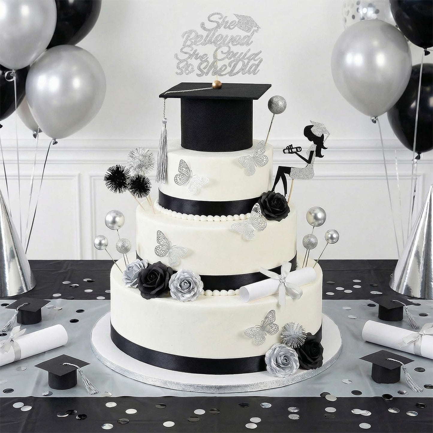 Heliltd 40PCS Graduation Cake Topper Set Black and Silver, Graduation Cake Decorations Kit with Cap Diploma Butterfly Ball Picks Flowers Firework Toppers Girl Silhouette for Class of 2026 Party