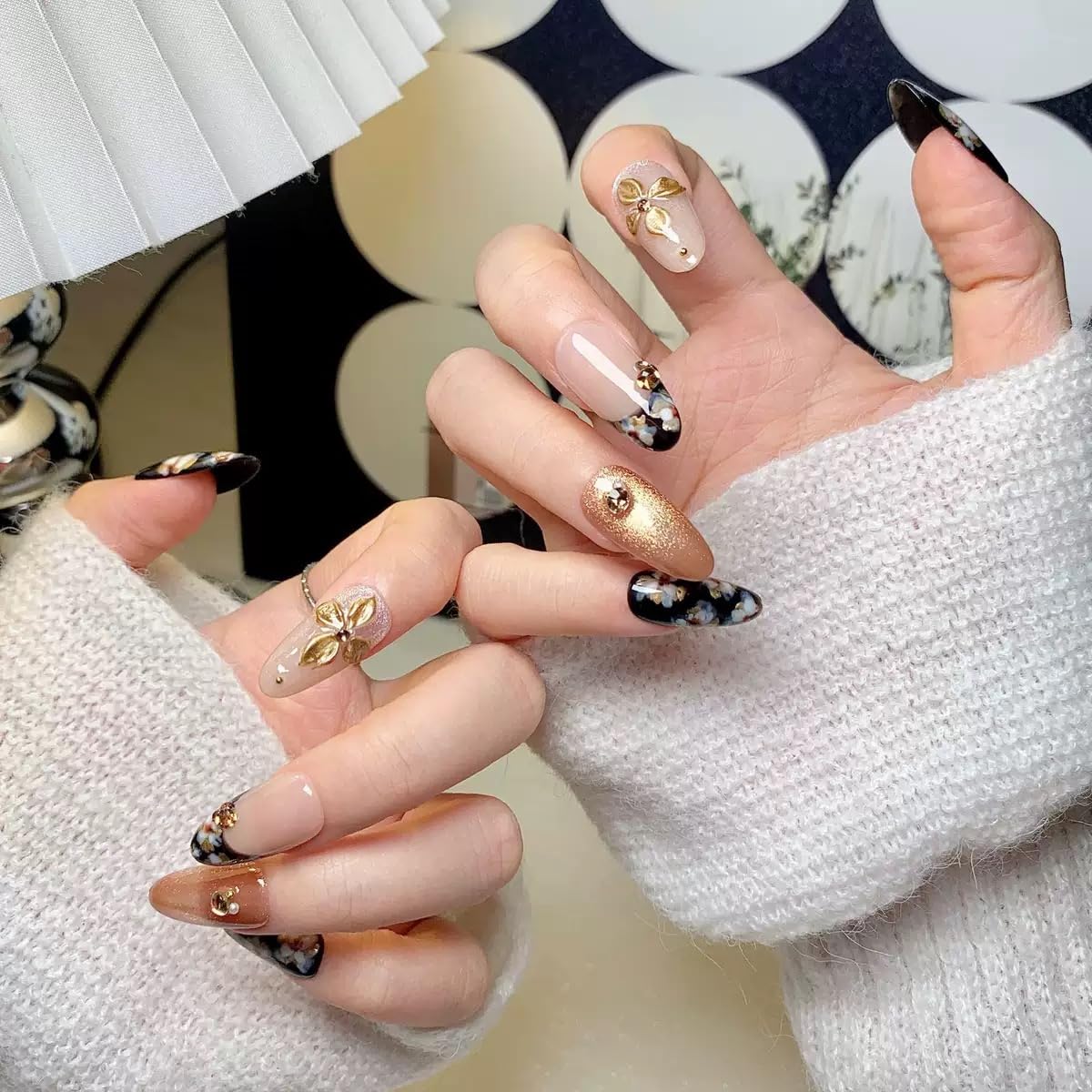 Medium Press on Almond Nails - Handmade Fake Nails with Flower Design - Black, Gold, Glossy False Nails for Women (Size L)