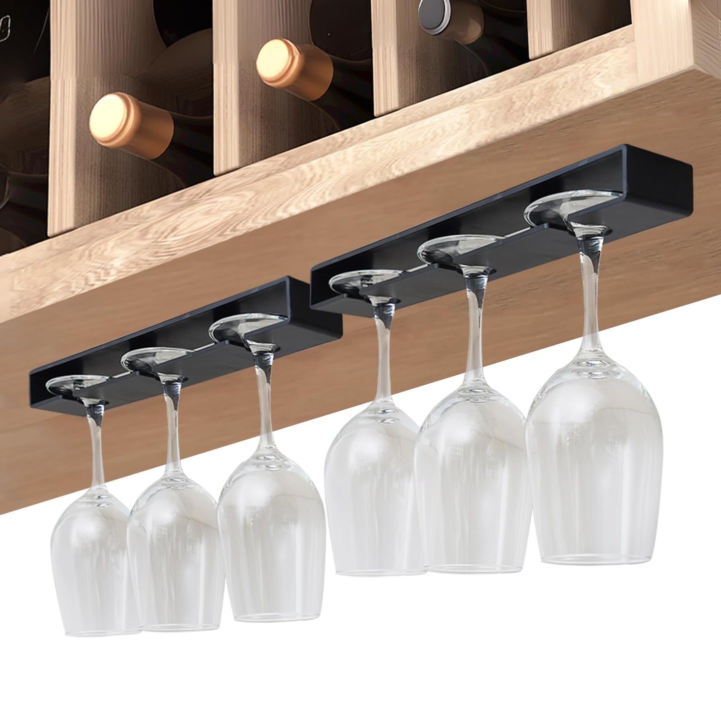 Vaisoeny Wine Glass Holder, 2 Pack, No Drilling Required, Hanging Stemware Rack Organizer for Bar Cabinet Kitchen, Black