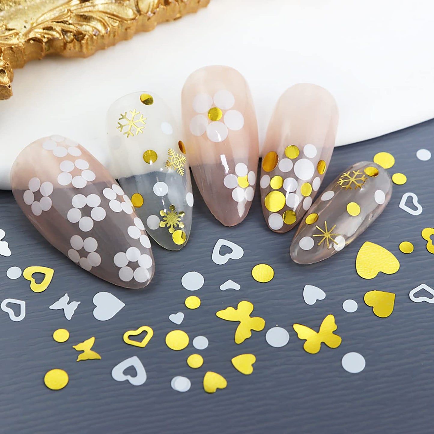 Vezocim Holographic Nail Art Glitter Sequins, 3D Gold White Glitter Flakes Nail Art Designs, Love Heart Butterfly Circle Acrylic Nails Supplies for Women Girls Manicure Decorations