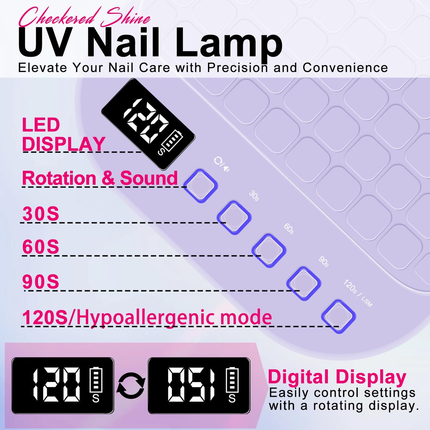 MEKK Cordless UV LED Nail Lamp, 54W UV Light for Gel Nails with Hand-Friendly Red Light, Auto Sensor Professional Flash Cure Lamp with Rotatable LCD Display for Salon and Home, Checkered Design-Purple