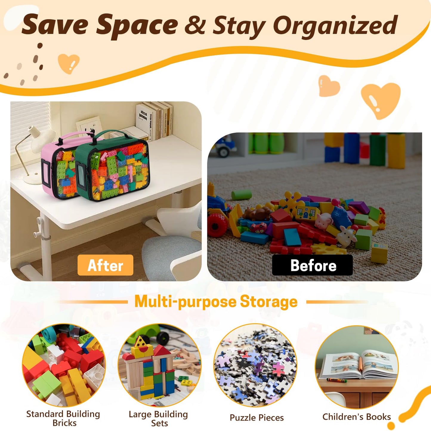 5 Pack Toy Storage Bags for LEGO & Building Blocks, Clear Toy Bins with Instruction Mesh Pocket & Label Window, Waterproof Zipper Pouches for Nursery Organization, Crafts, & Books (C)