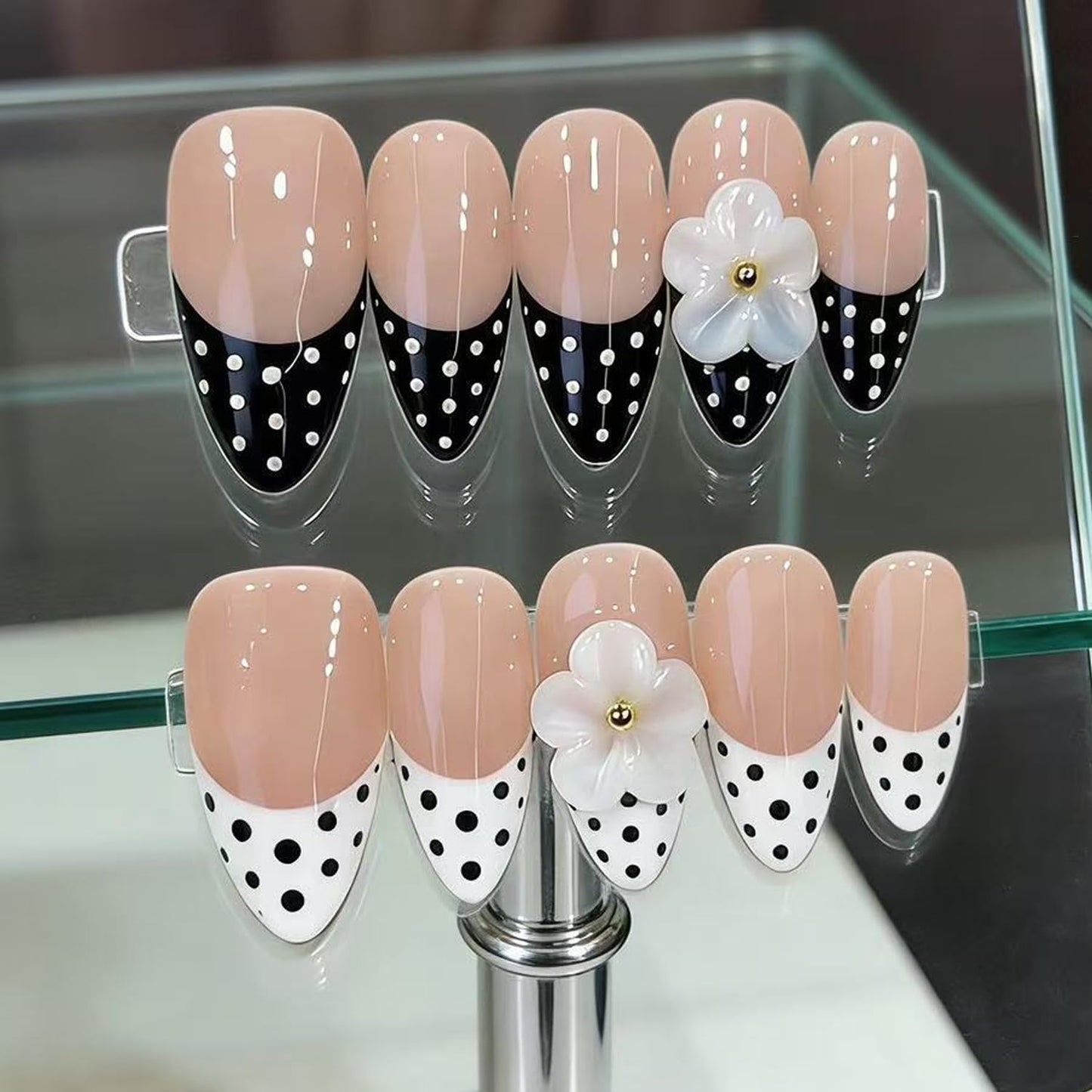 Handmade Press on Nails Black and White Polka Dots Medium Almond Fake Nails French Tips, Multi-Layer Gel Acrylic Nails for Women Nail Art Sheer Floral Glow 10 Pcs(S)