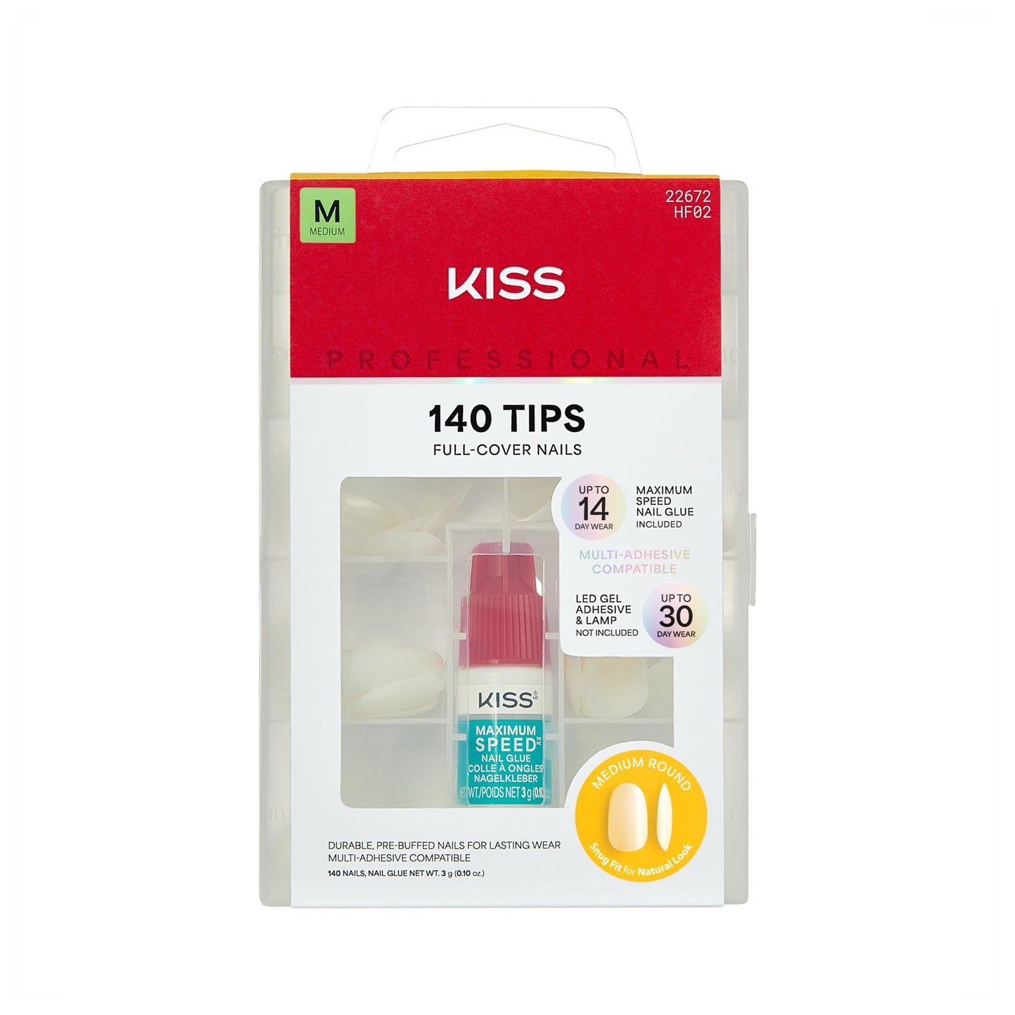 Kiss PROFESSIONAL, Press On Nails, Nail glue included, 'Earthly', White, Medium Size, Round Shape, Includes 140 Nails, 3g Glue