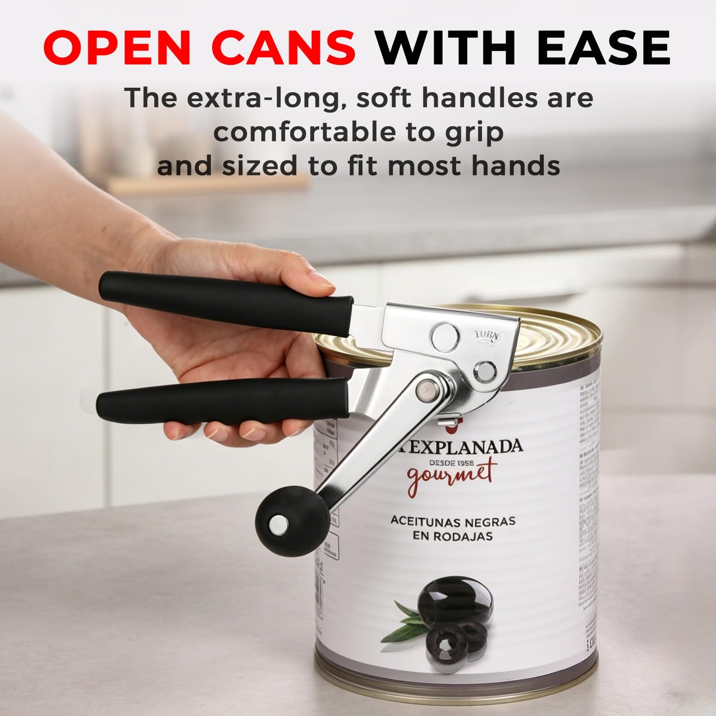MARSWELL Heavy Duty Can Opener for Large Cans, Extra-Long Handles & Oversized Knob for Easy Cranking, Commercial Manual Hand Crank Opener Opens Big #10 Cans Smoothly, Strong All-Steel Construction