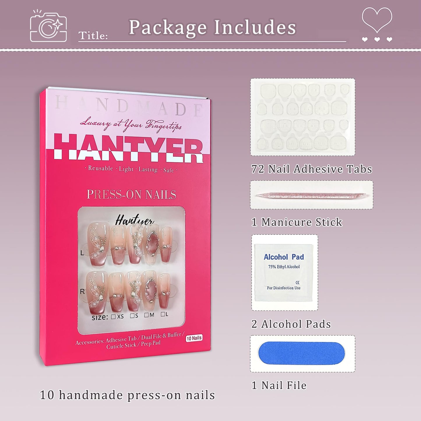 Hantyer Press on Nails Medium Coffin False Nails with Butterfly Design, White Rhinestones & Pearls, Pink Gradient Glossy Cat Eye, Handmade Tips with Tool Kit Salon Nails Sweet Style for Women(Size L)