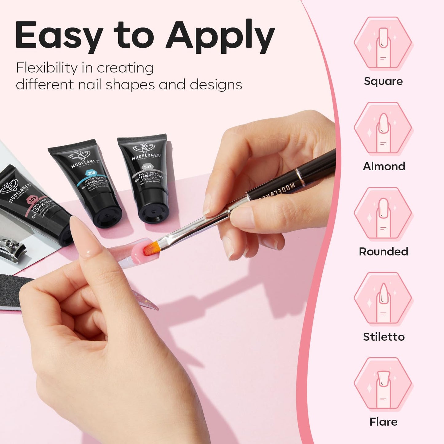 Modelones Poly Nail Gel Kit, 6 Colors Poly Extension Gel Clear Pink White with 48W U V/LED Lamp 3D Nail Charms Builder Slip Solution Complete Toe Manicure Supplies Tools for Starter