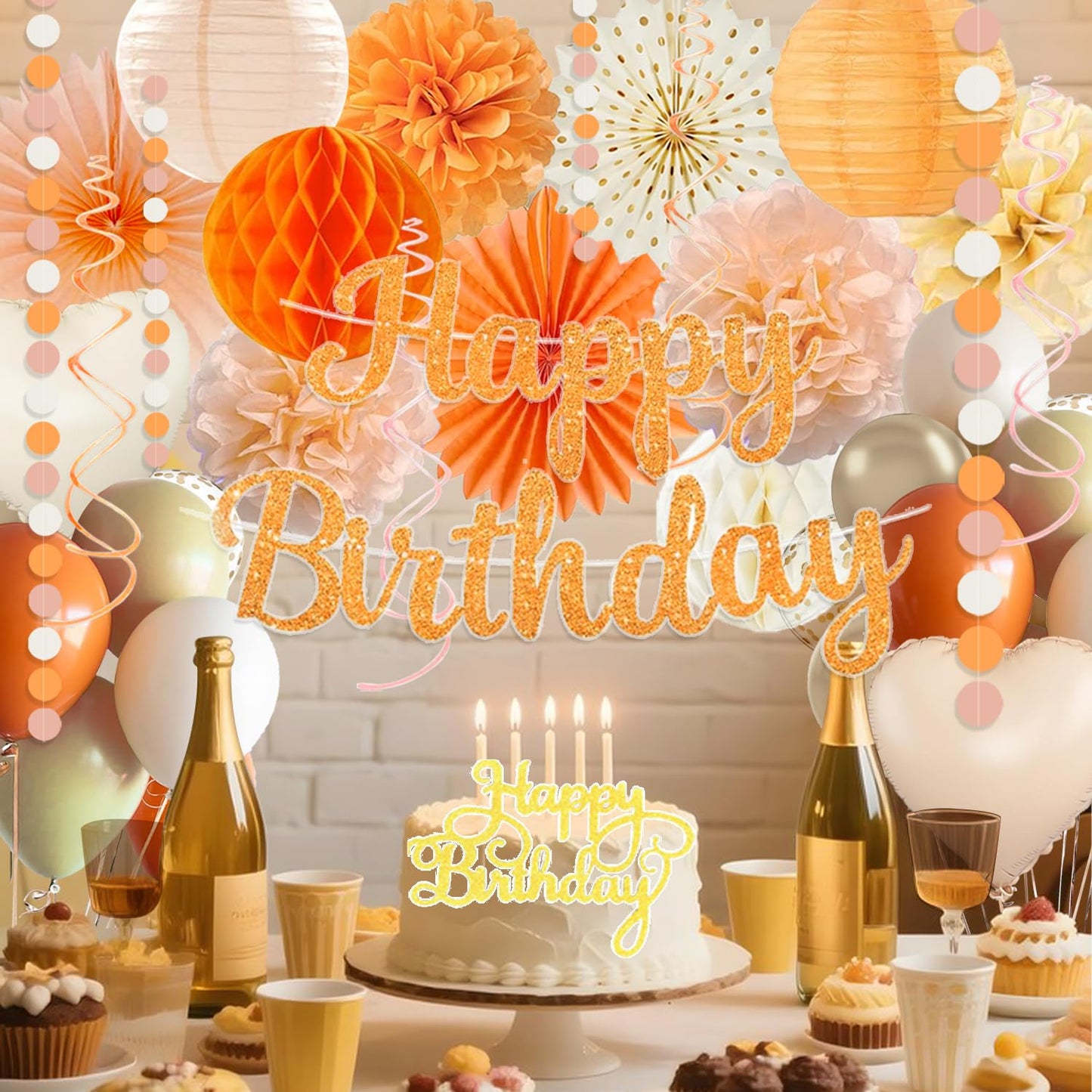 Orange-Peach Fall Boho Birthday Party Decorations - 62pcs Happy Birthday Banner, Beige Rustic Paper Lanterns, Streamers, Tissue Pom Poms, Burnt Orange Apricot Party Balloons, Fall Backdrop Decor