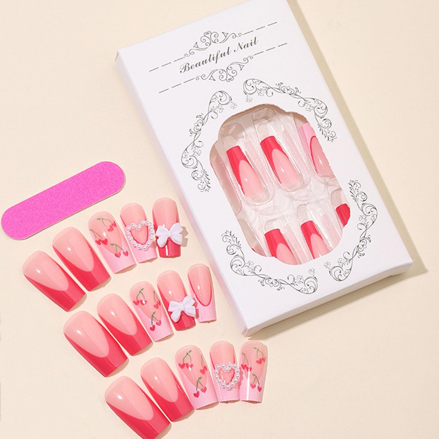 IMSOHOT Pink French Tips Press on Nails Medium Square Cherry Fake Nails Full Cover Squoval Acrylic Glossy Glue on False Nails with Cute Pearl Bow Designs