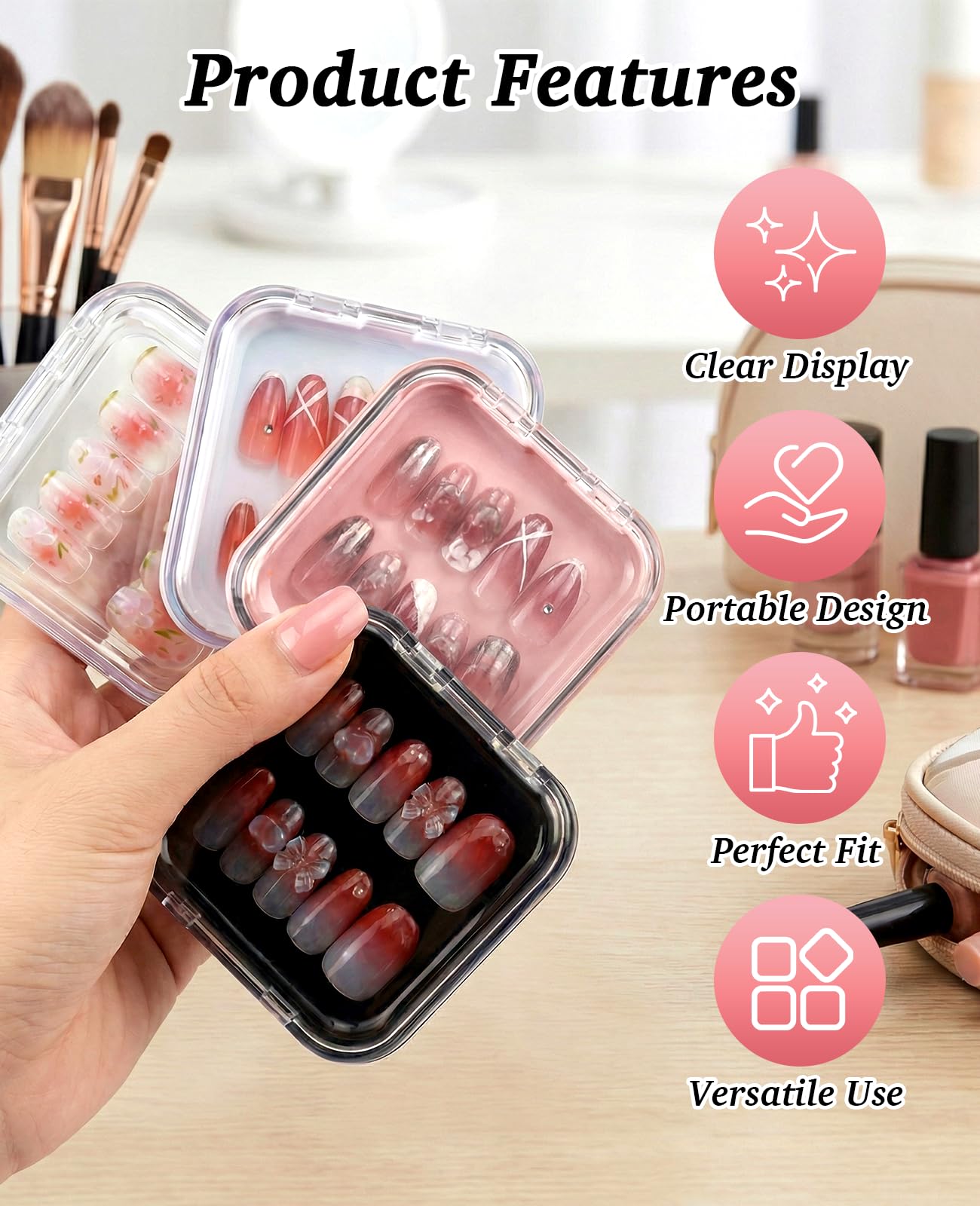 PASDUCHAS 48 Pcs Nail Boxes for Press Ons, Fake Nail Storage Case Packaging Container with 120 Adhesive Double Sided Tape