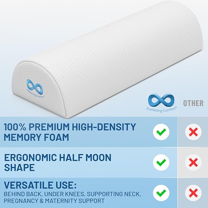 Everlasting Comfort Knee Pillow for Back Sleeping, Comfortable Pure Memory Foam Half Moon Bolster Pillow for Legs - Under Knee Pillow for Sleeping, Leg Pillow for Back Pain