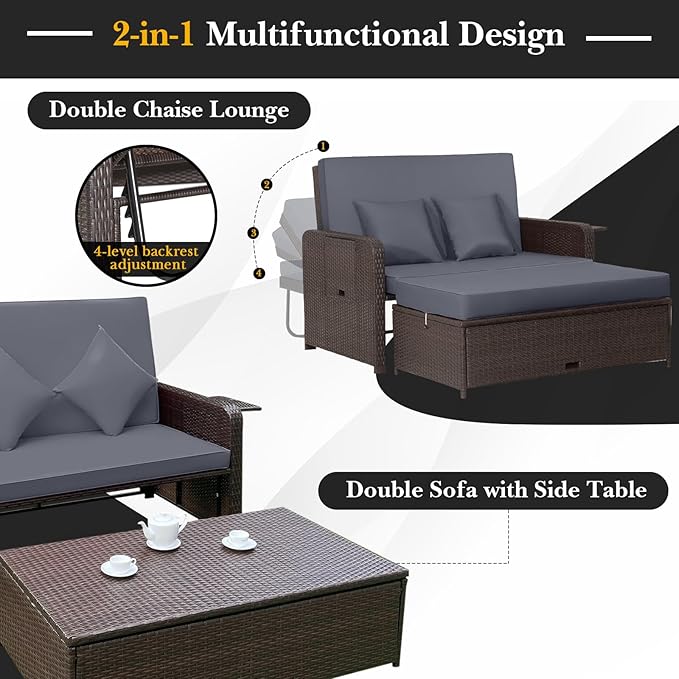 HAPPYGRILL Patio Rattan Wicker Daybed with Loveseat & Storage Ottoman, Outdoor Lounge Sofa Furniture Set with Adjustable Backrest & Side Trays, for Poolside Deck Porch Lawn (Mix Brown & Grey)
