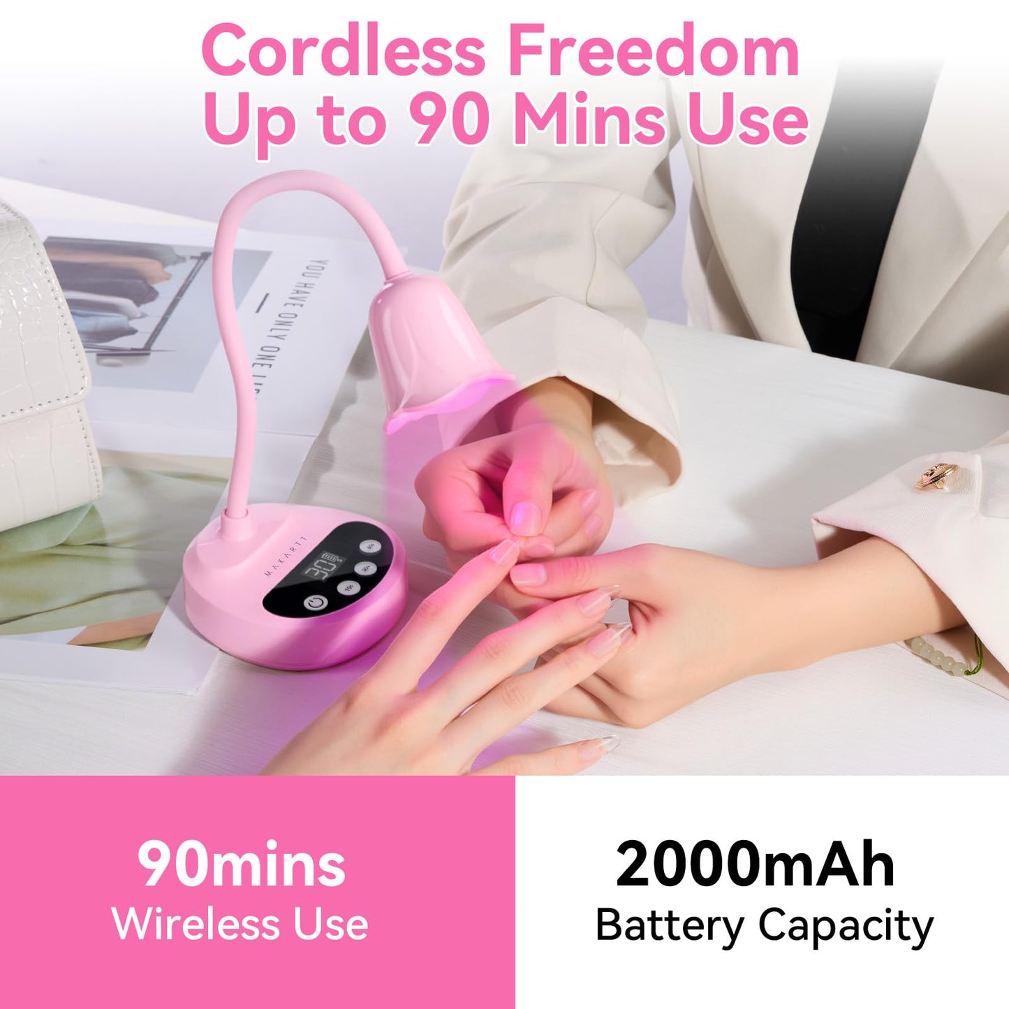 Makartt UV Nail Lamp - Gooseneck LED Nail Light with Auto Sensor & 4 Timers, Rechargeable USB Cordless Flash Cure Lamp Nail Dryer Fast Curing Gel Polish at DIY Home Salon(Pink)