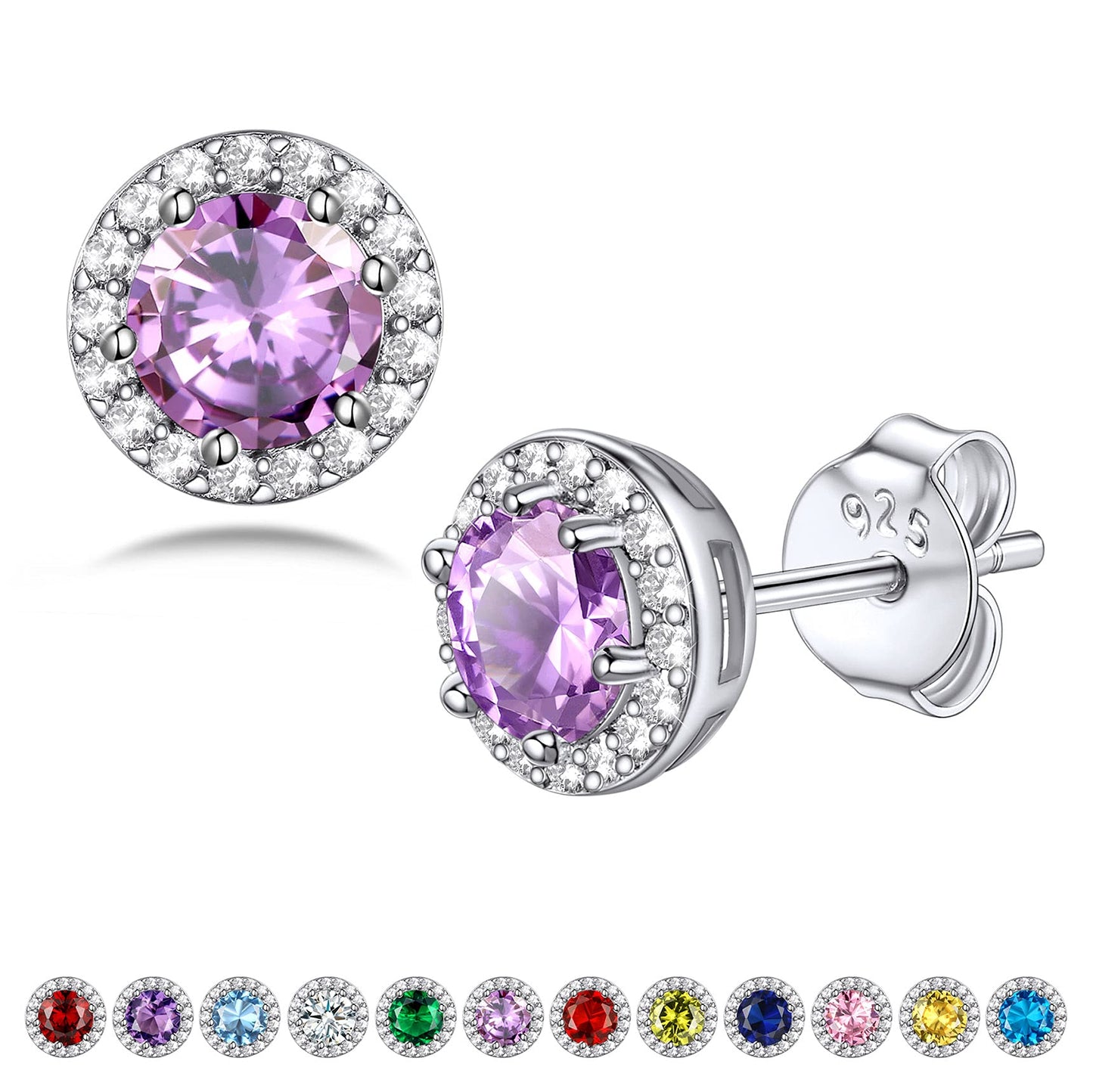 Bestyle Flattering June Alexandrite Round Crystal Earrings CZ Stud Earrings for Women Dainty 925 Sterling Silver Hypoallergenic Earrings for Women