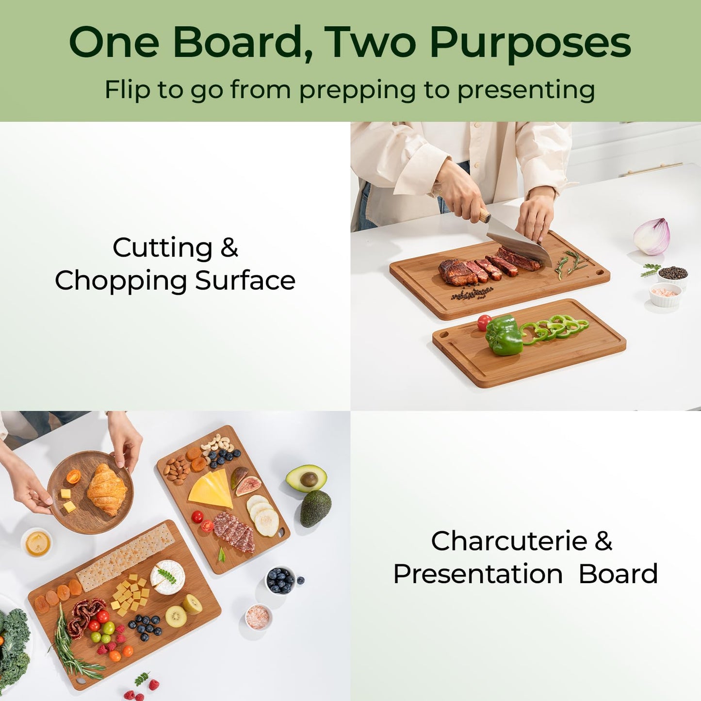 Keechee Butcher Block 2-Pcs Carbonized Bamboo Cutting Board Set With Juice Groove For Meal Prep & Cheese Serving - Ideal Kitchen Gift Set of 2 (M+L)