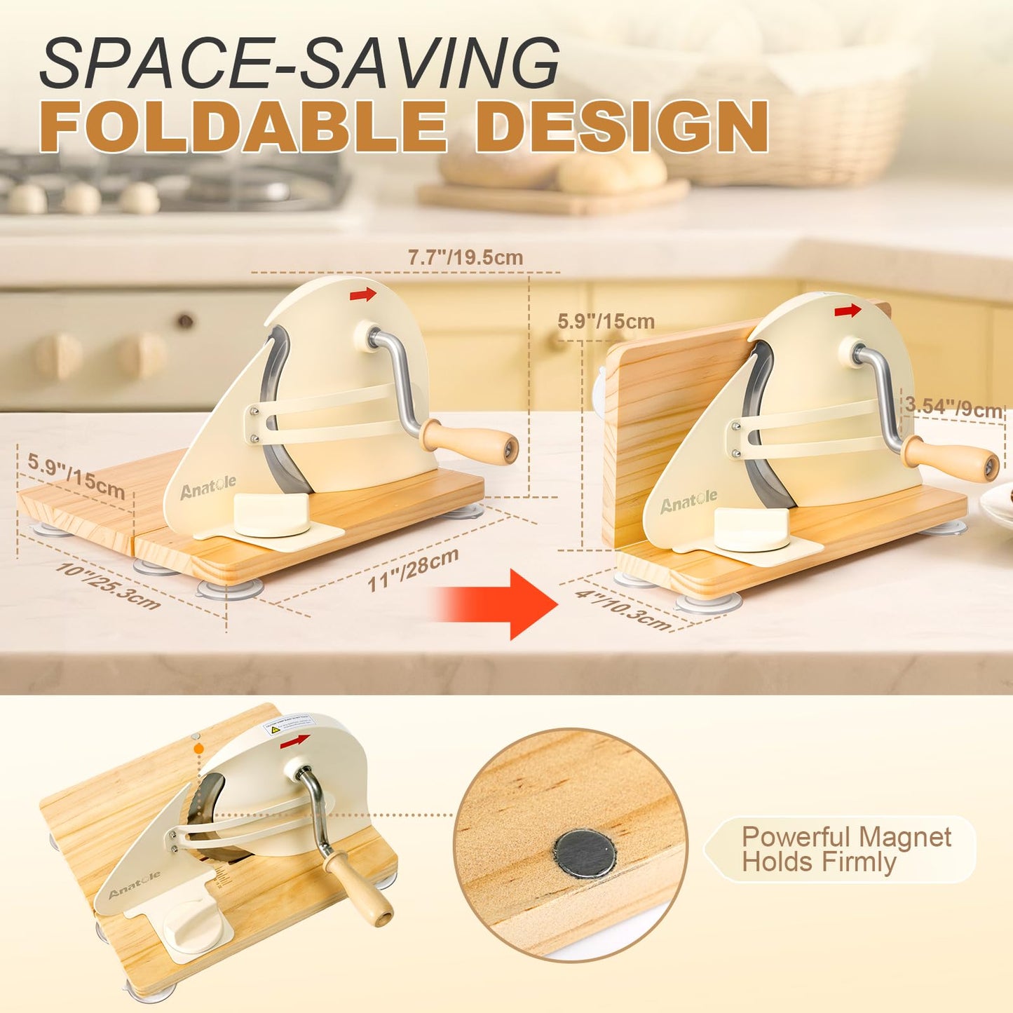 Anatole Foldable Manual Bread Slicer for Homemade Sourdough Bread with Engraved Scale Line Bread Guide Hand Crank Bread Cutter with Adjustable Thickness Stainless Steel Blade 6 Suction Cups