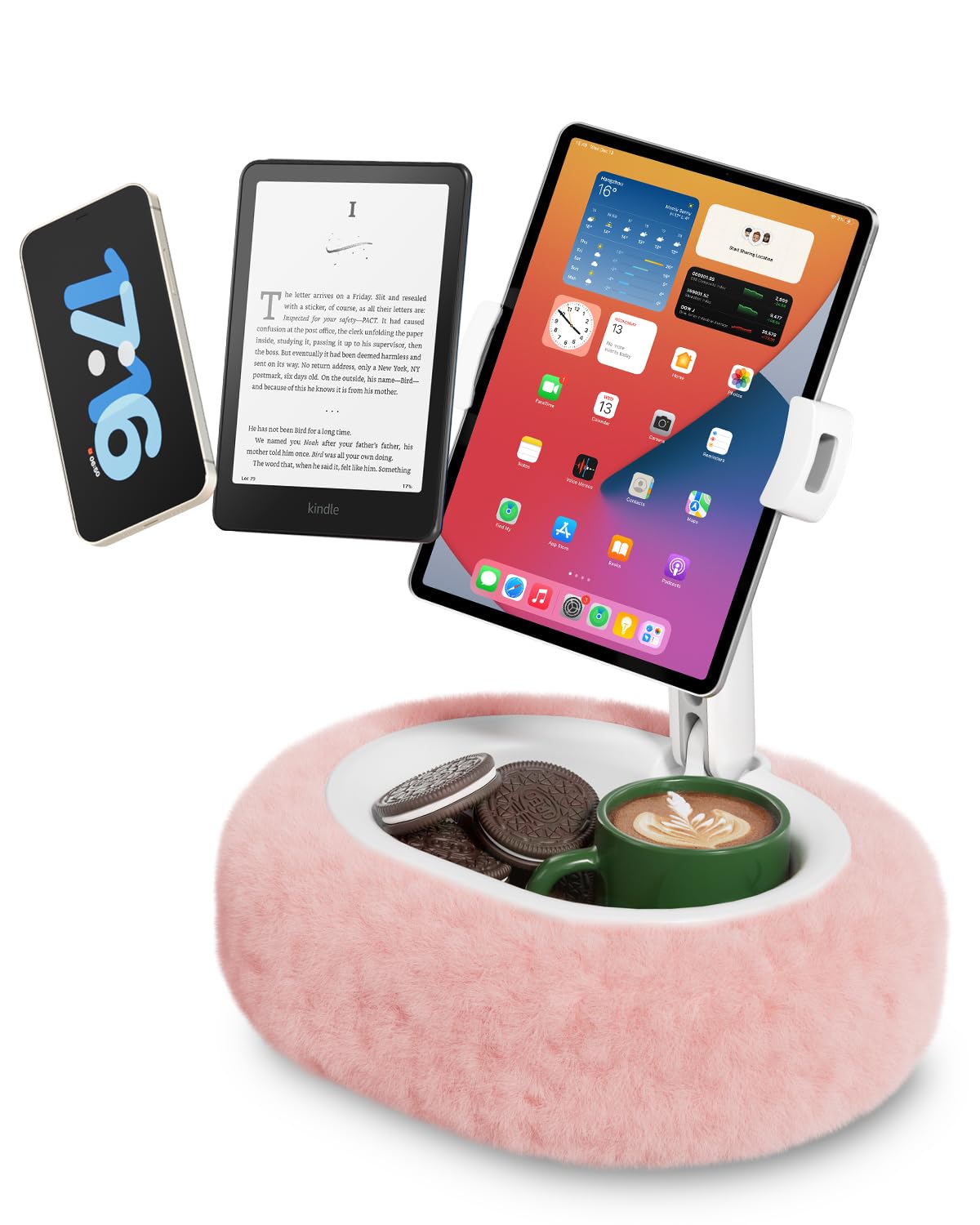 Viozon Tablet Pillow Stand,Kindle Pillow Stand, Compatible with 4-11" Tablet/Phone with Small Bowl, Kindle Holder Accessories,Idea for Reading and Video Watching On Bed,Pink