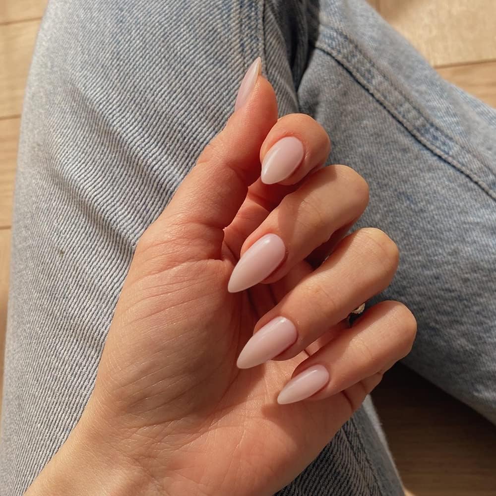 KQueenest Dusty Pink Press on Nails Medium Almond, Gel Fake Nails Press on, Glue on Nails Medium Length, Neutral Stiletto Acrylic Nails, Reusable False Nail with UV Coating for Daily & Wedding 24 Pcs
