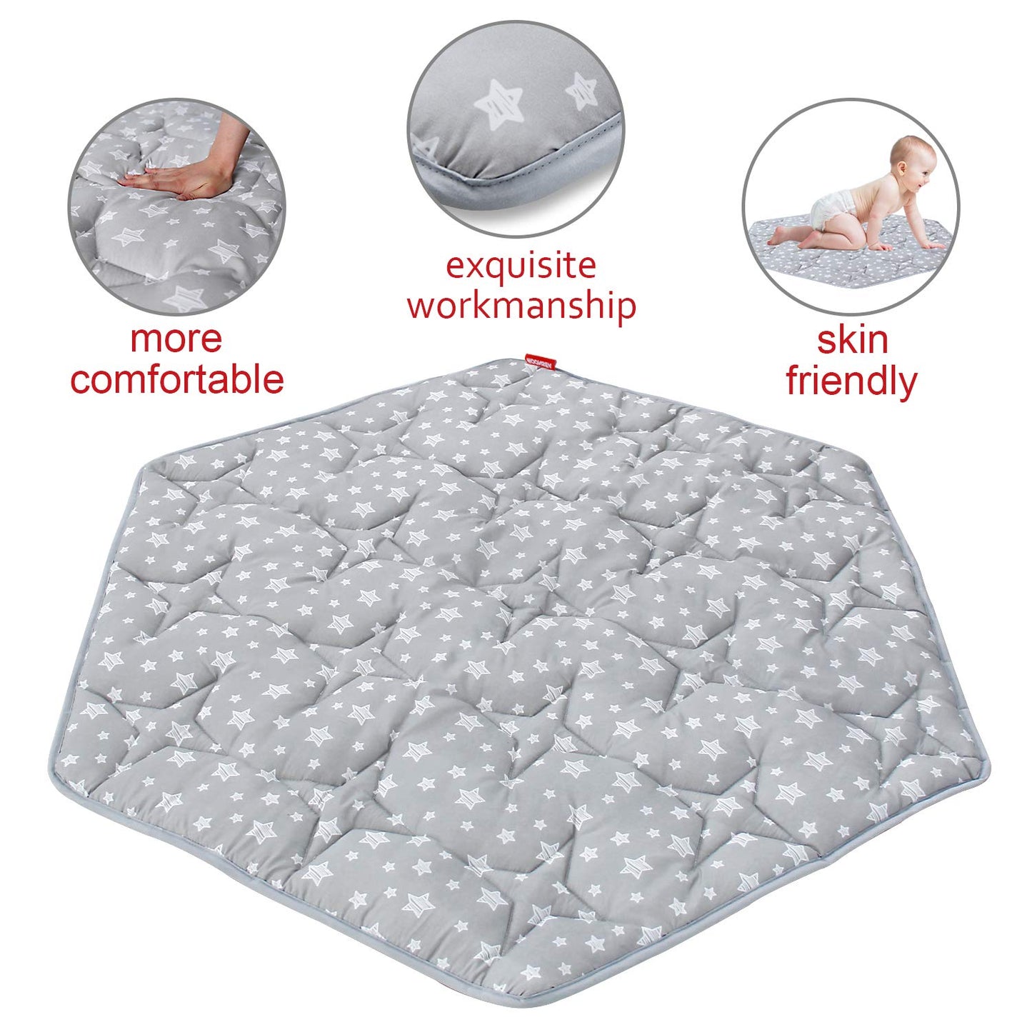 Hexagon Playpen Mat Compatible with Bend River Baby Play Pen, Hexagon Play Mat, Non Slip and Padded Play Mat Grey with Star Print
