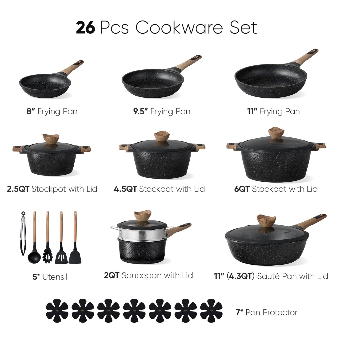 CAROTE 26PCS Pots and Pans Set Non Stick, Cookware Set Pots and Pans Induction Cook Ware, Nonstick Kitchen Cooking, PFOA Free, Black