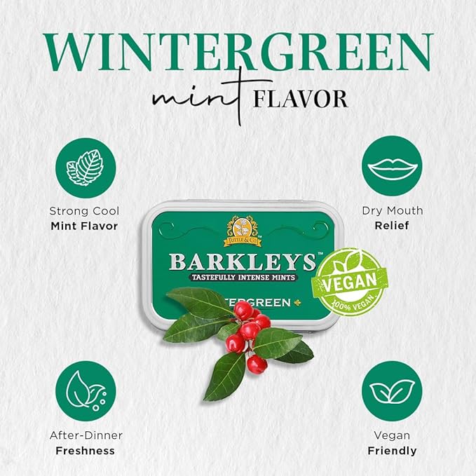 Barkleys Wintergreen Breath Mints - Strong Flavor Cool Mint Candy For Party, After Dinner, Wedding, Every Day Use - Vegan Breath Mints In Reusable Classic Travel Tins, 1 Pack - 50 Count Each