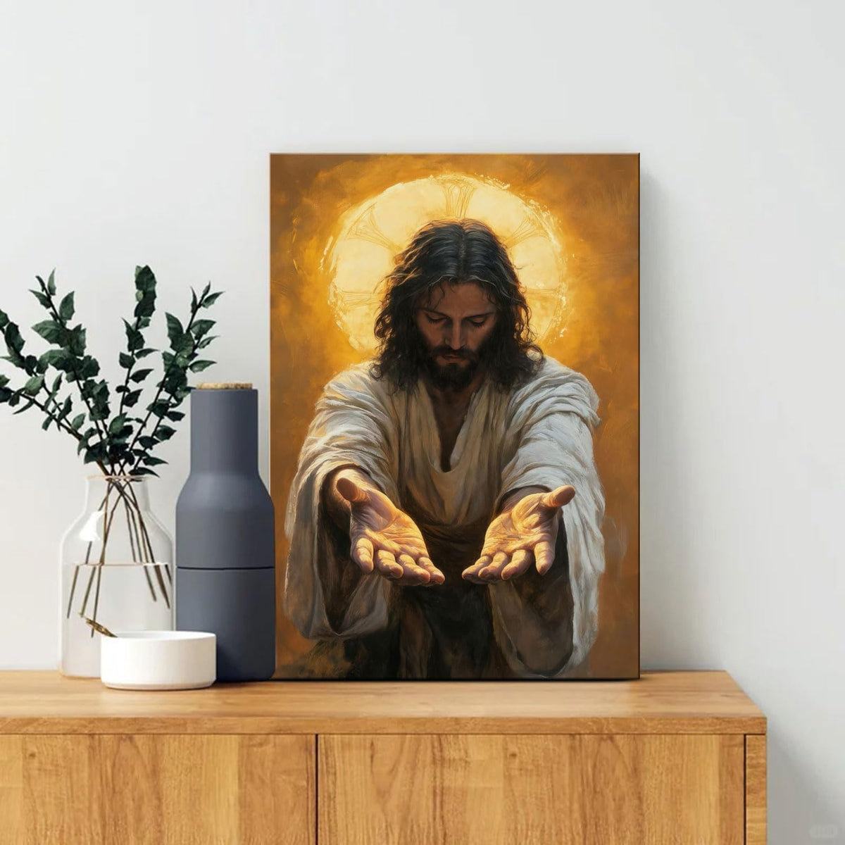 Framed Jesus Canvas Wall Art Painting with Gold Halo Christian Religious Poster Inspirational Christian Gallery Decor Painting Home Church Prayer Room Wall Hanging Print 16x24 Inch Ready to Hang