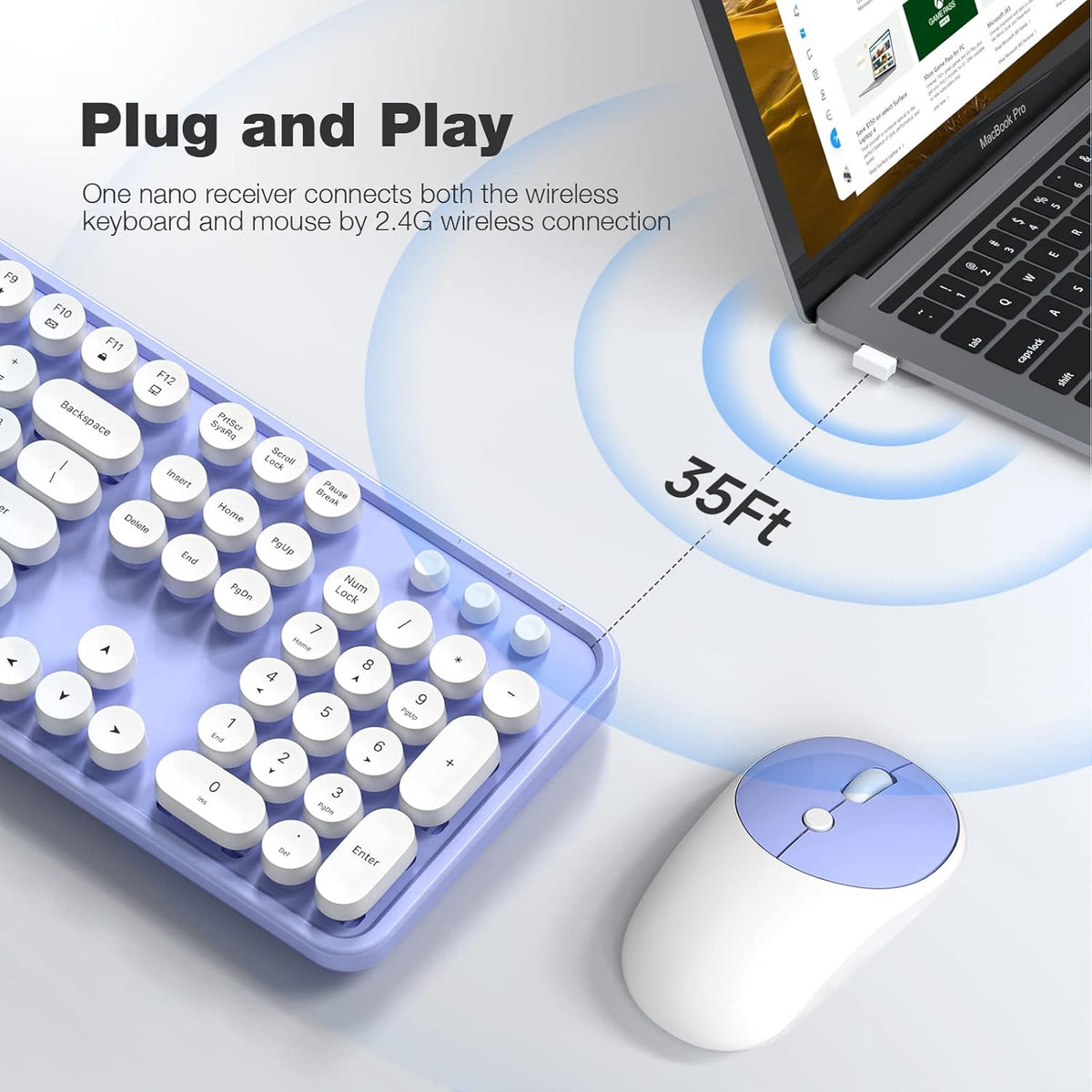 KNOWSQT Wireless Keyboard and Mouse Combo - White-Purple Full-Sized 2.4 GHz 104 Keys Typewriter Cute Keyboard, Round Keycap and Optical Mouse for Windows, Computer, PC, Laptop, Desktop