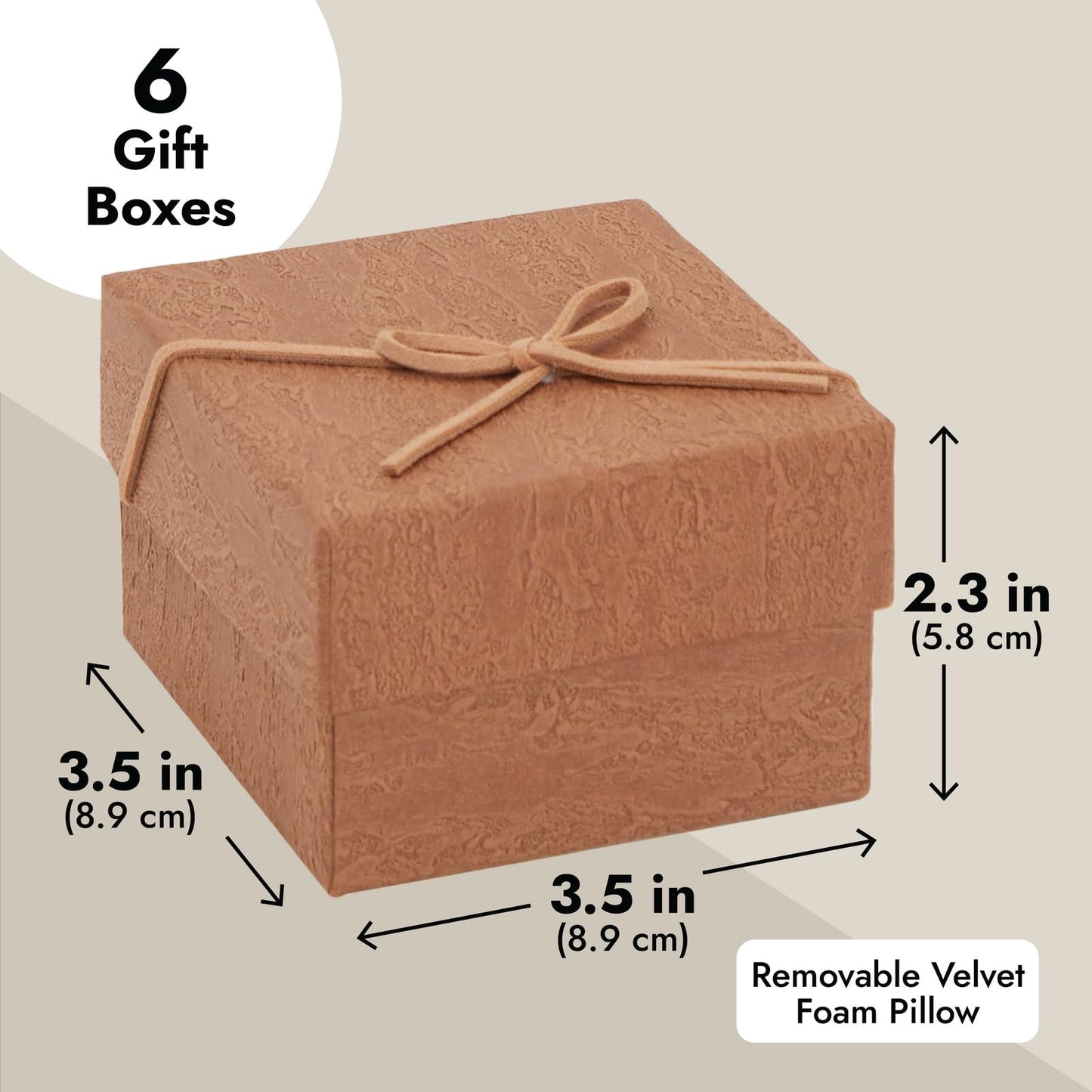 Juvale Bracelet Gift Box 6-Pack - 3.5 x 3.5 x 2.3 in, Brown Country-Rustic Cardboard - Velvet Pillow & Faux Leather Bow Lid - Tiny Jewelry Gift Boxes & Watch Packaging