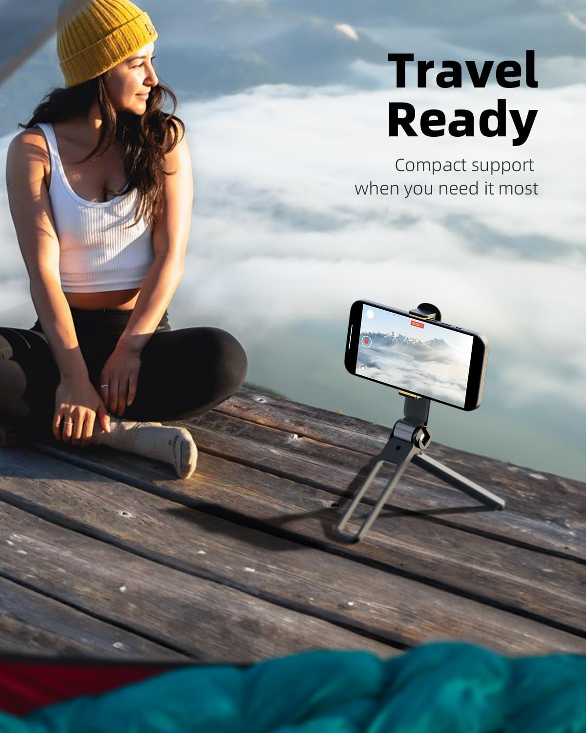 TODI Phone Tripod, Foldable Mini Desk Stand with 360° Phone Holder & Cold Shoe, Pocket Travel Tripod for iPhone, Portable Selfie Stick Handle Grip Compatible with iPhone/Android