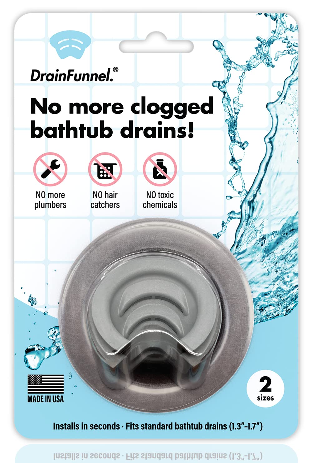 DRAINFUNNEL Bathtub Drain Funnel for Hair Clog Prevention, 2 Size Pack 1.3"-1.7" Tub Drains (Gray)