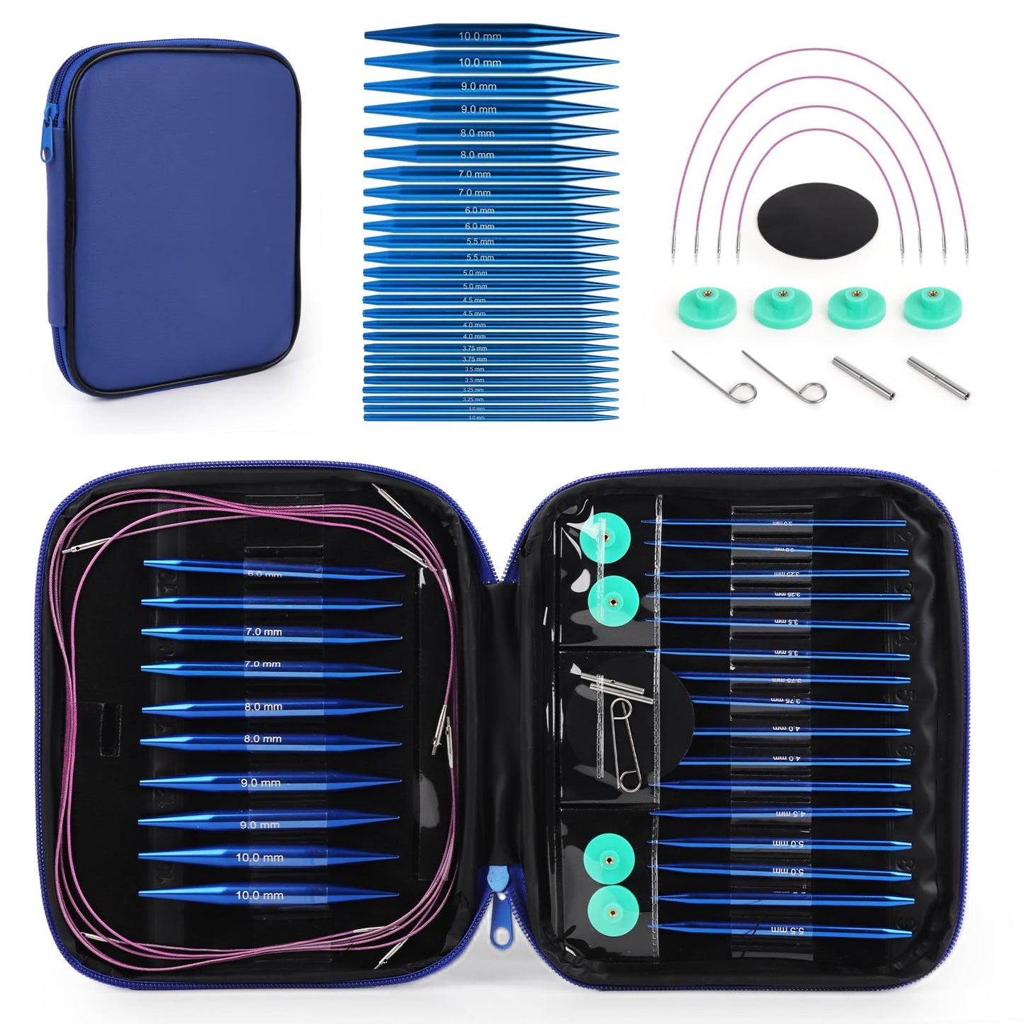 Interchangeable Circular Knitting Needles Set, 13 Pairs (26pcs) Aluminum Knitting Needles Kit, Sizes 3.0mm-10.0mm, Knitting Needle Case & Accessories, for Knitting Projects, Beginners & Advanced