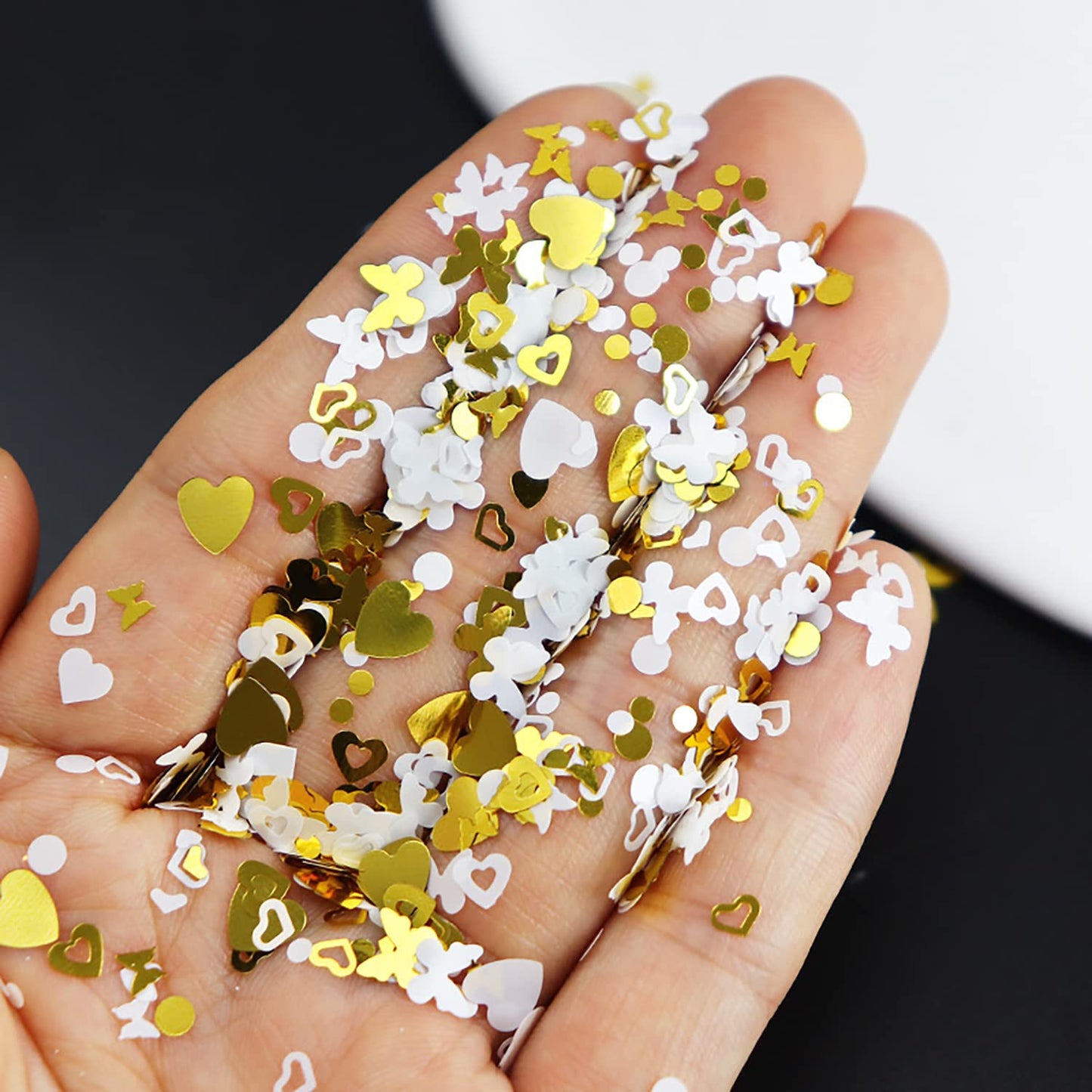 Vezocim Holographic Nail Art Glitter Sequins, 3D Gold White Glitter Flakes Nail Art Designs, Love Heart Butterfly Circle Acrylic Nails Supplies for Women Girls Manicure Decorations