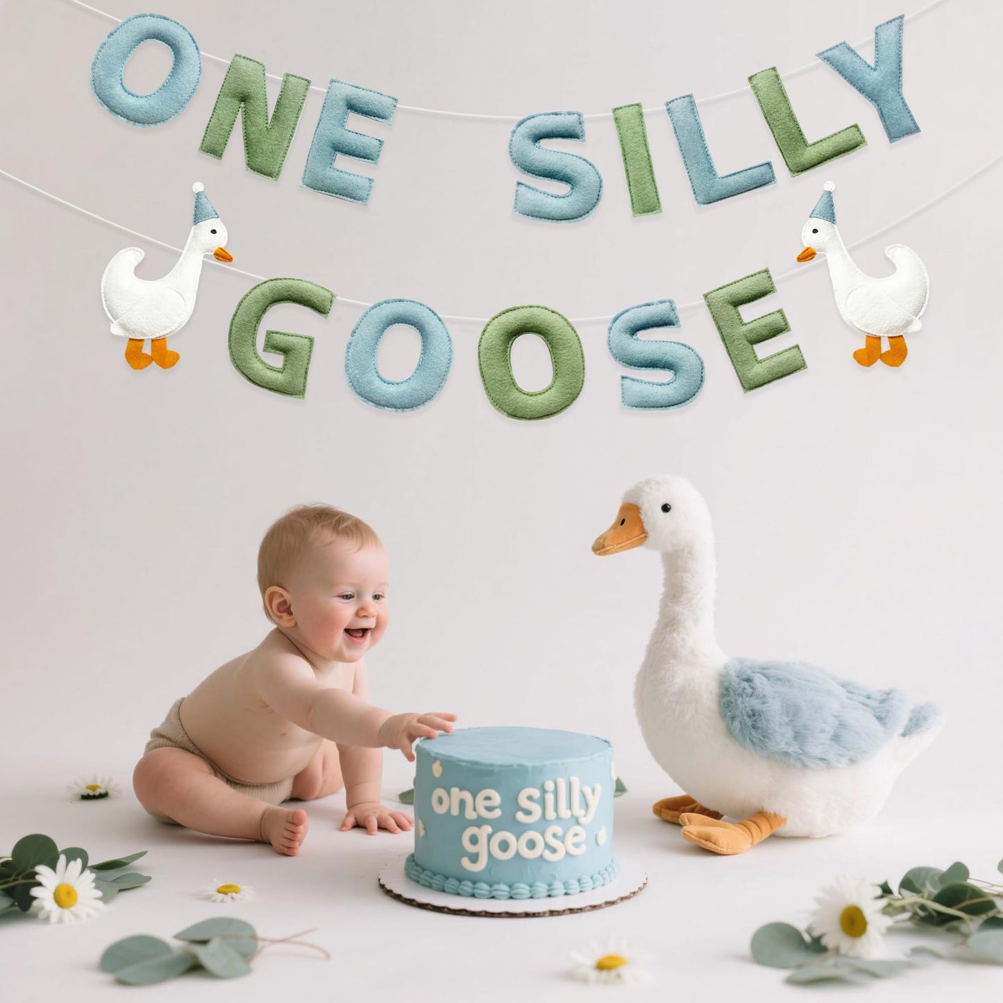 One Silly Goose Birthday Decorations Sage Green Dusty Blue Felt Handmade Pre-Strung 3d Goose 1st Bday Banner for Baby First Birthday Party Decorations Nursery Home Wall Fireplace Decor