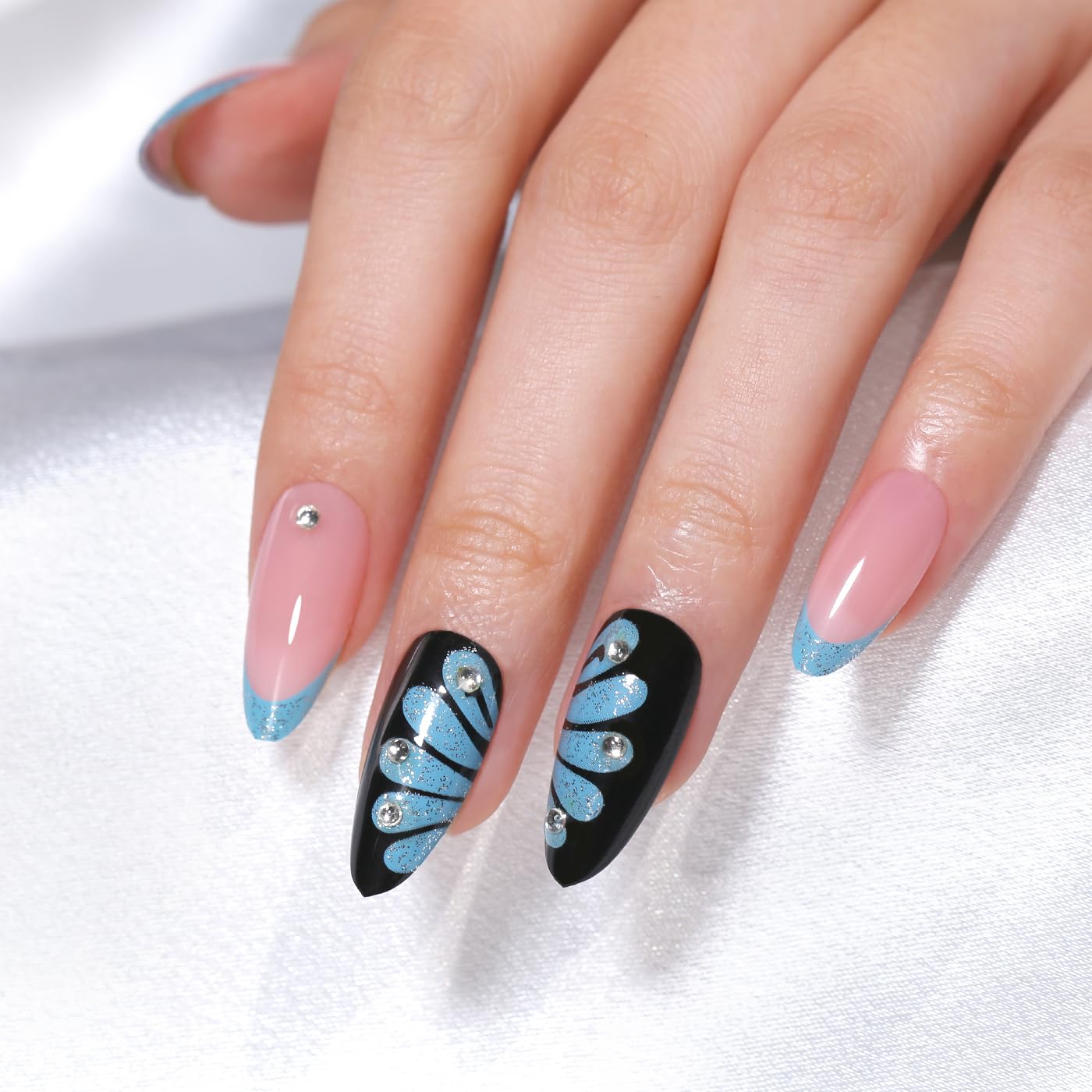 Goolich Nude Pink Press On Nails Medium Almond,Y2k Butterfly French Tip Nails Press ons Set with Adhesive Tabs, 24 Pcs 12 Size Reusable Full Cover Glue on Nails for Women