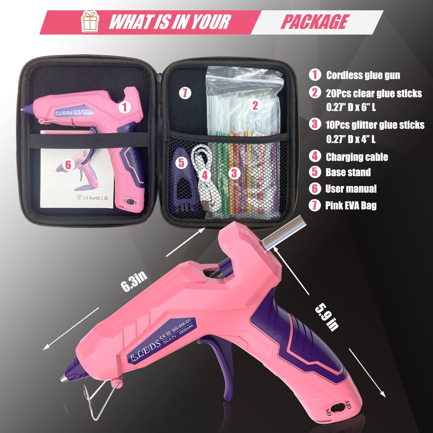 BLEDS Cordless Hot Glue Gun, Fast Preheating Mini Glue Gun Kit with 30 Glue Sticks & Storage Case, 2900mAh Rechargeable Anti-Drip Wireless Glue Gun for DIY Crafts, Home Repairs and School Projects