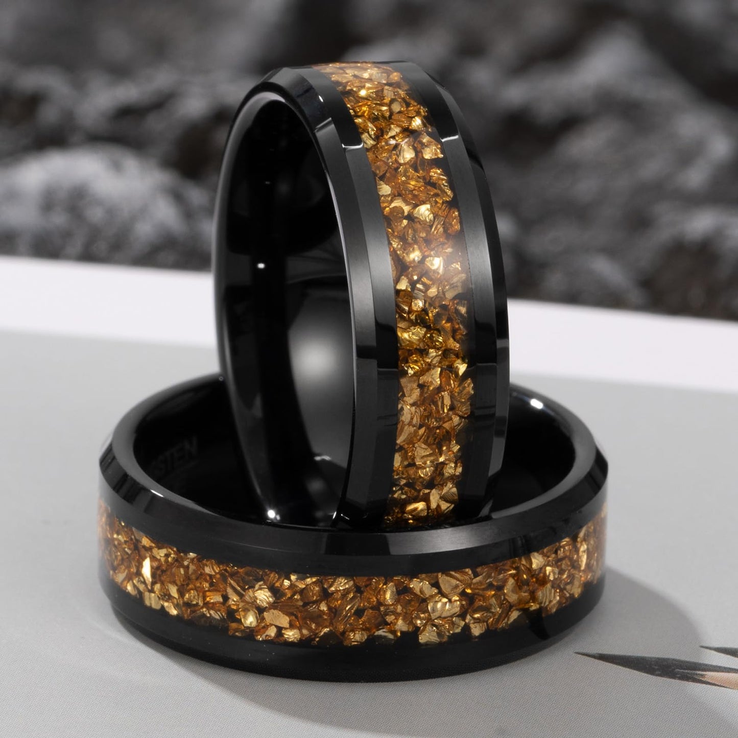 NUNCAD Men's Tungsten Rings 8mm Black Wedding Band Inlaid with Citrine Center Polished Domed Comfort Fit Size 11
