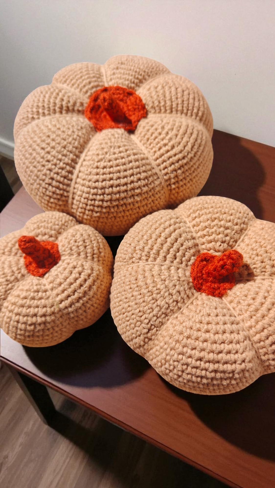Halloween Decorative Crochet Handmade Pumpkins Set of 3 Tabletop or Shelf Decor, Spooky Fall Table Accent Ivory Tiered Fall Decoration