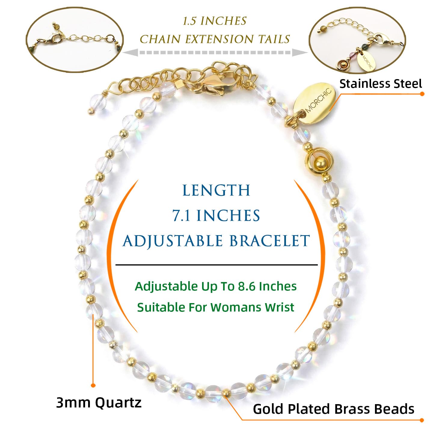 Morchic 3mm Clear Quartz Tiny Beads Bracelet for Women, Adjustable 7.1" Dainty Handmade Energy Gem Jewelry, Birthday Gift