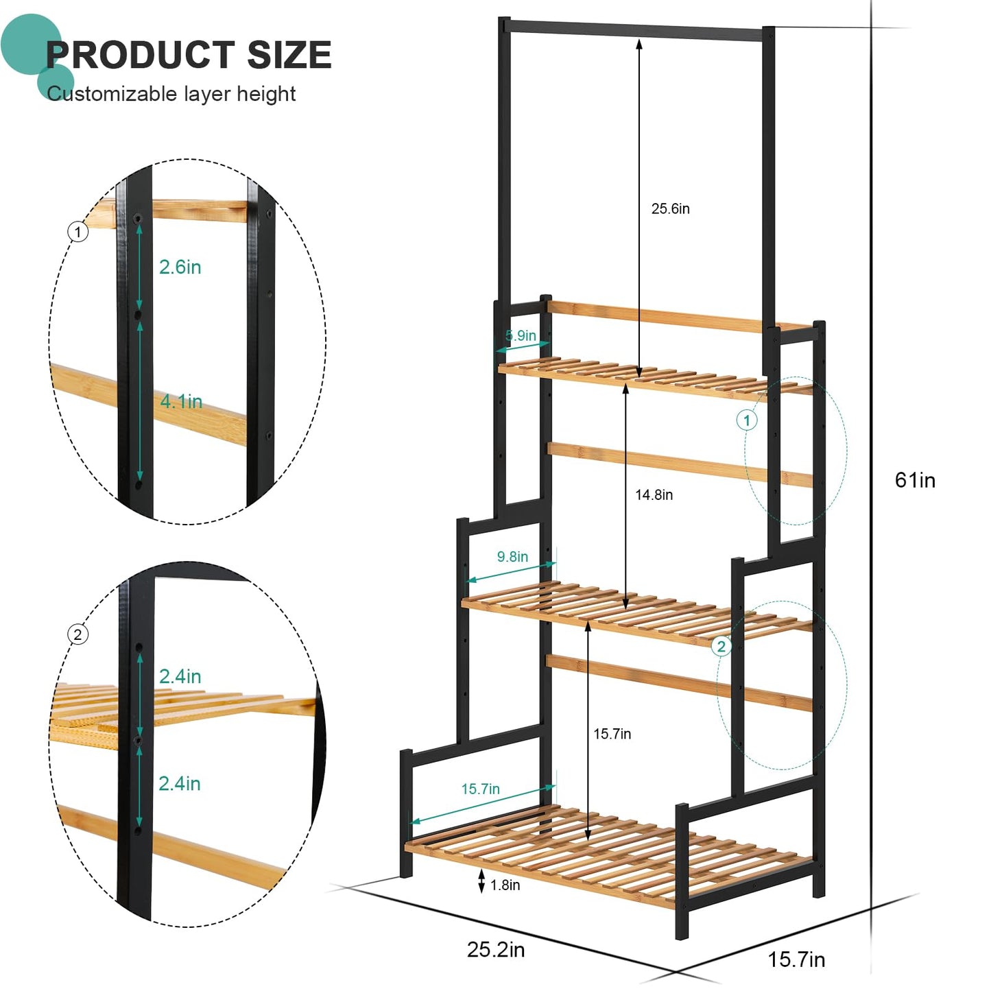 Ufine Bamboo Hanging Plant Stand 3 Tier Ladder Shelf with Hanging Rod Height Adjustable Flower Pot Display Organizer for Balcony Porch Living Room